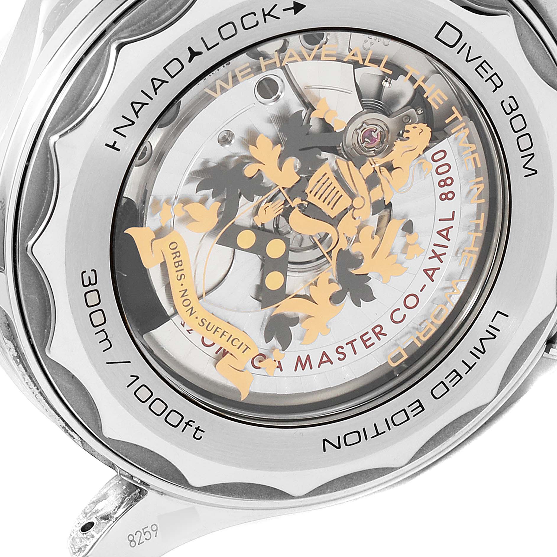 The image shows the back of an Omega Seamaster 210.22.42.20.01.004 Men's Stainless Steel Black Dial 210.22.42.20.01.004 Men's Stainless Steel Black Dial Diver 300M, revealing its limited edition details and internal mechanism.