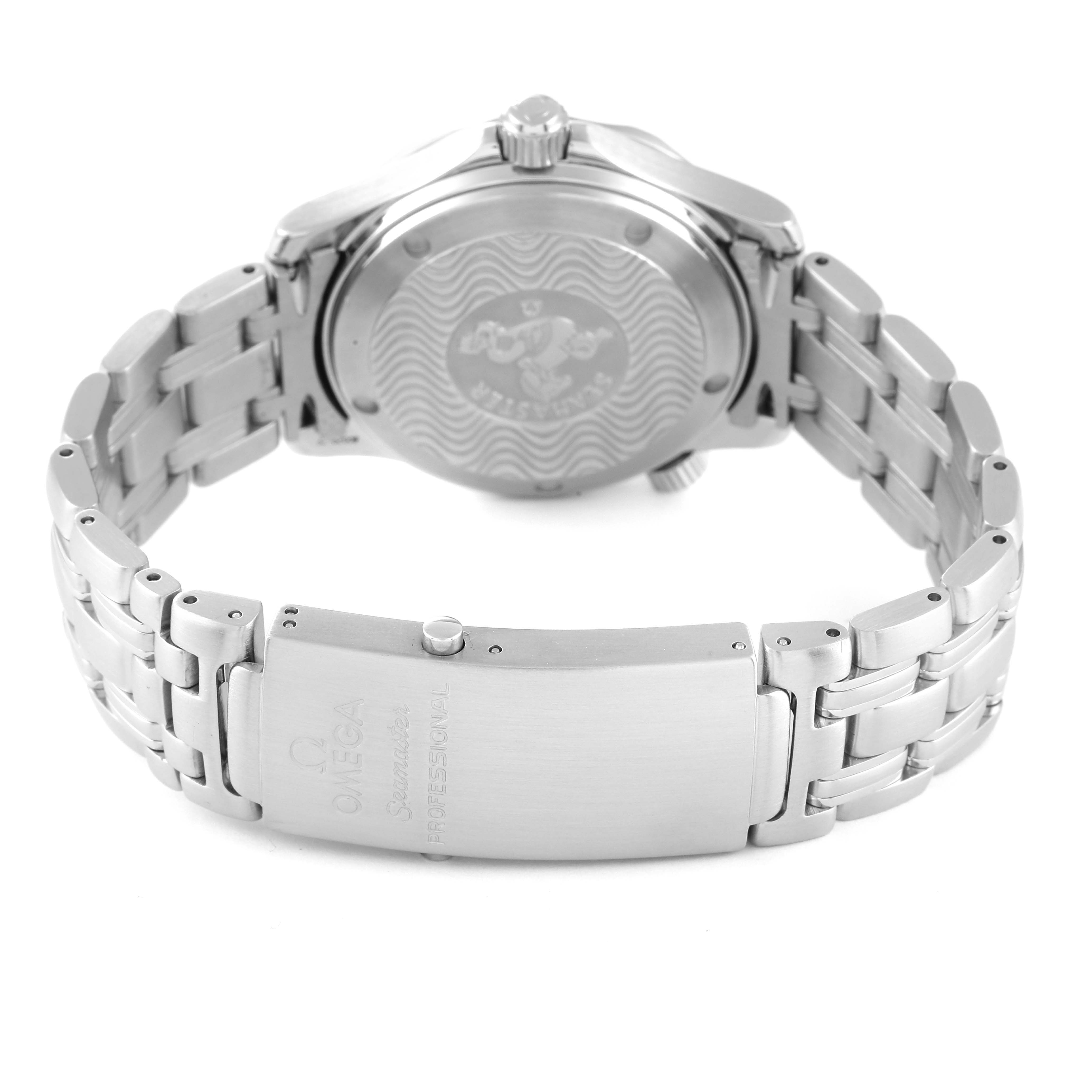 The image shows the back view of an Omega Seamaster 2551.80.00 Men's Stainless Steel Blue Dial 2551.80.00 Men's Stainless Steel Blue Dial watch, highlighting the stainless steel case back and bracelet clasp.