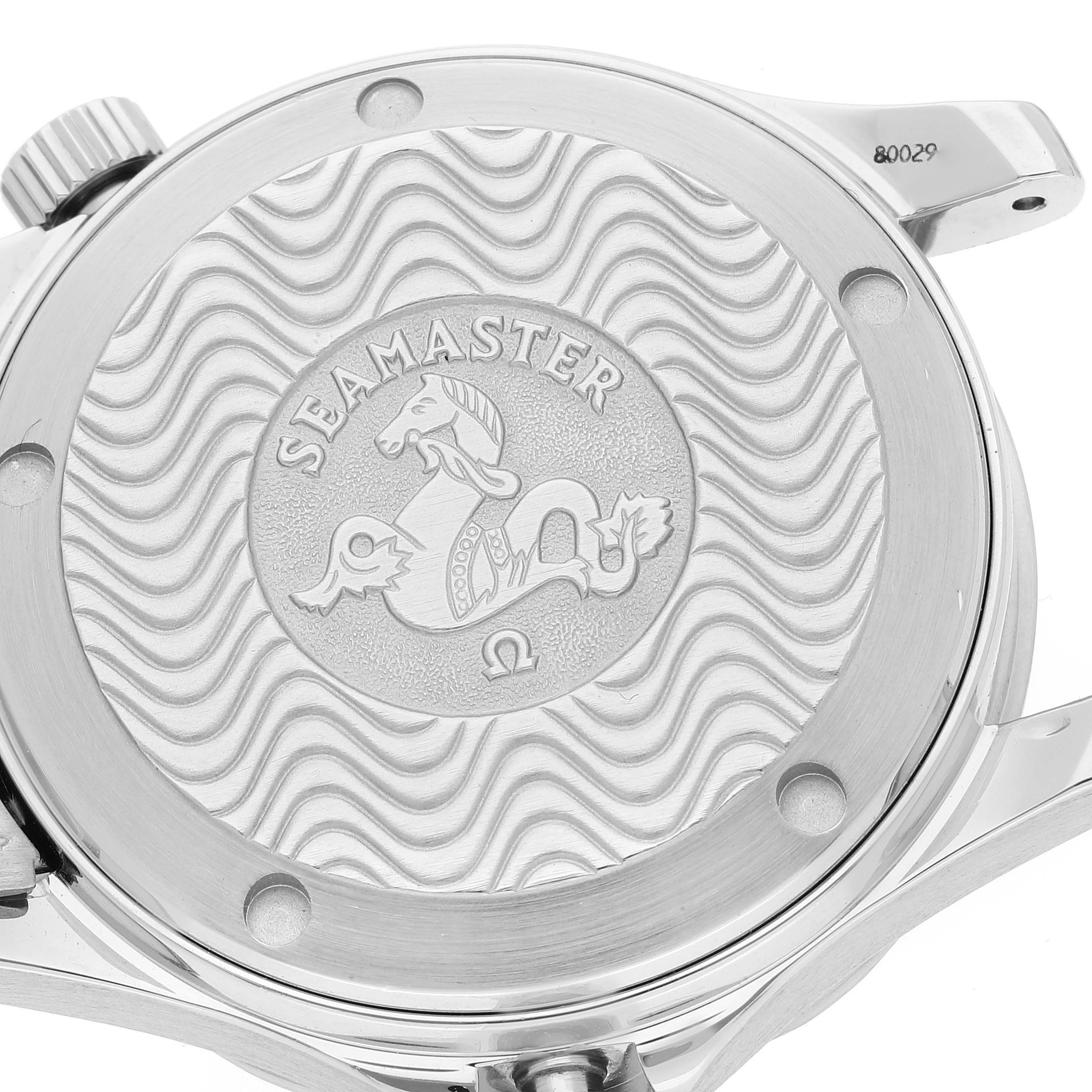 This image shows the back case of an Omega Seamaster 2551.80.00 Men's Stainless Steel Blue Dial 2551.80.00 Men's Stainless Steel Blue Dial watch, including the engraved logo and text.