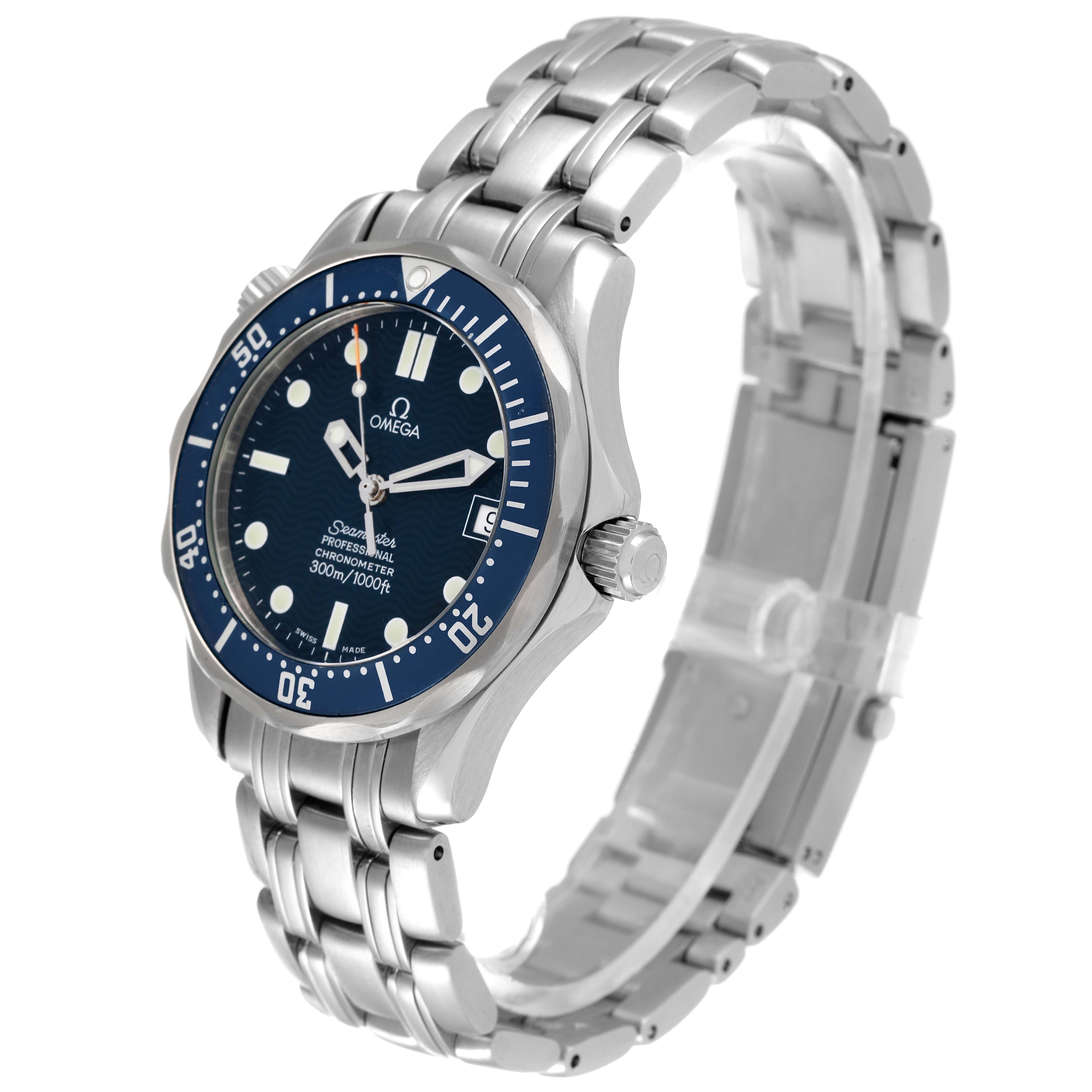 The Omega Seamaster 2551.80.00 Men's Stainless Steel Blue Dial 2551.80.00 Men's Stainless Steel Blue Dial watch is shown at a three-quarter angle, displaying its face, bezel, crown, and metal bracelet.