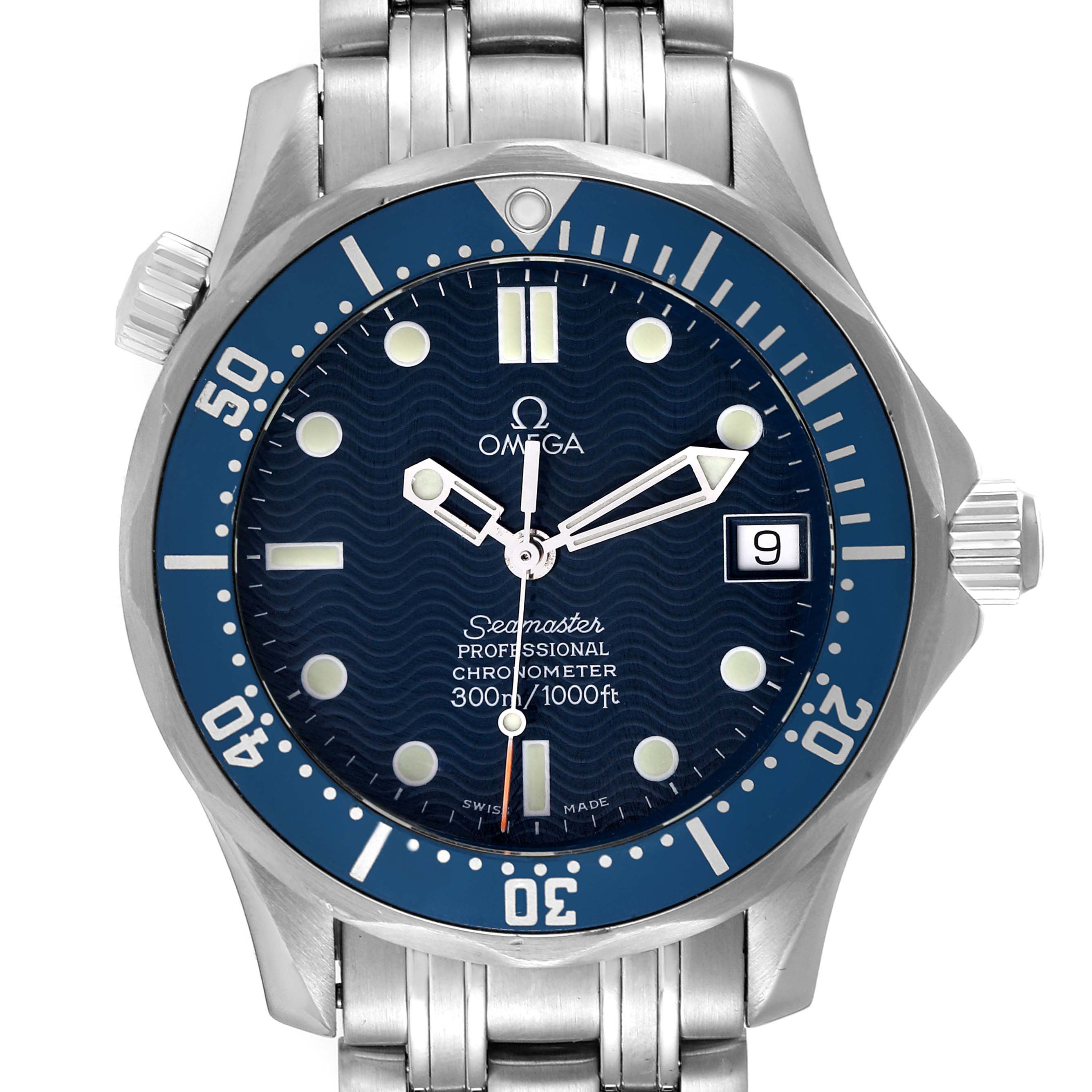 The Omega Seamaster 2551.80.00 Men's Stainless Steel Blue Dial 2551.80.00 Men's Stainless Steel Blue Dial watch is shown from a front angle, highlighting the dial, bezel, and part of the metal bracelet.