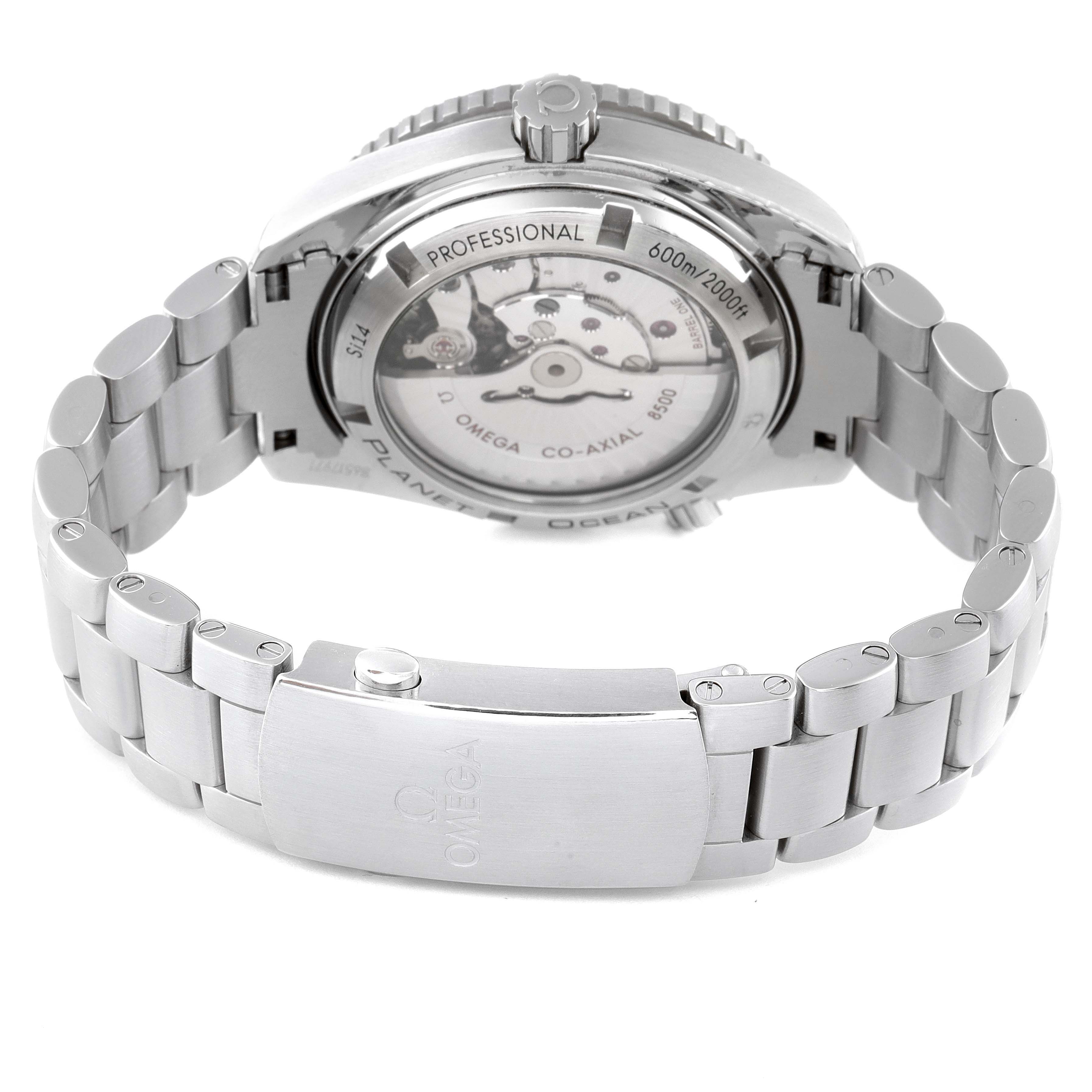 The image shows the back and bracelet clasp of the Omega Planet Ocean 232.30.42.21.01.003 Men
s Stainless Steel Black Dial 232.30.42.21.01.003 Men
s Stainless Steel Black Dial model, highlighting the watch
s movement and stainless steel bracelet.