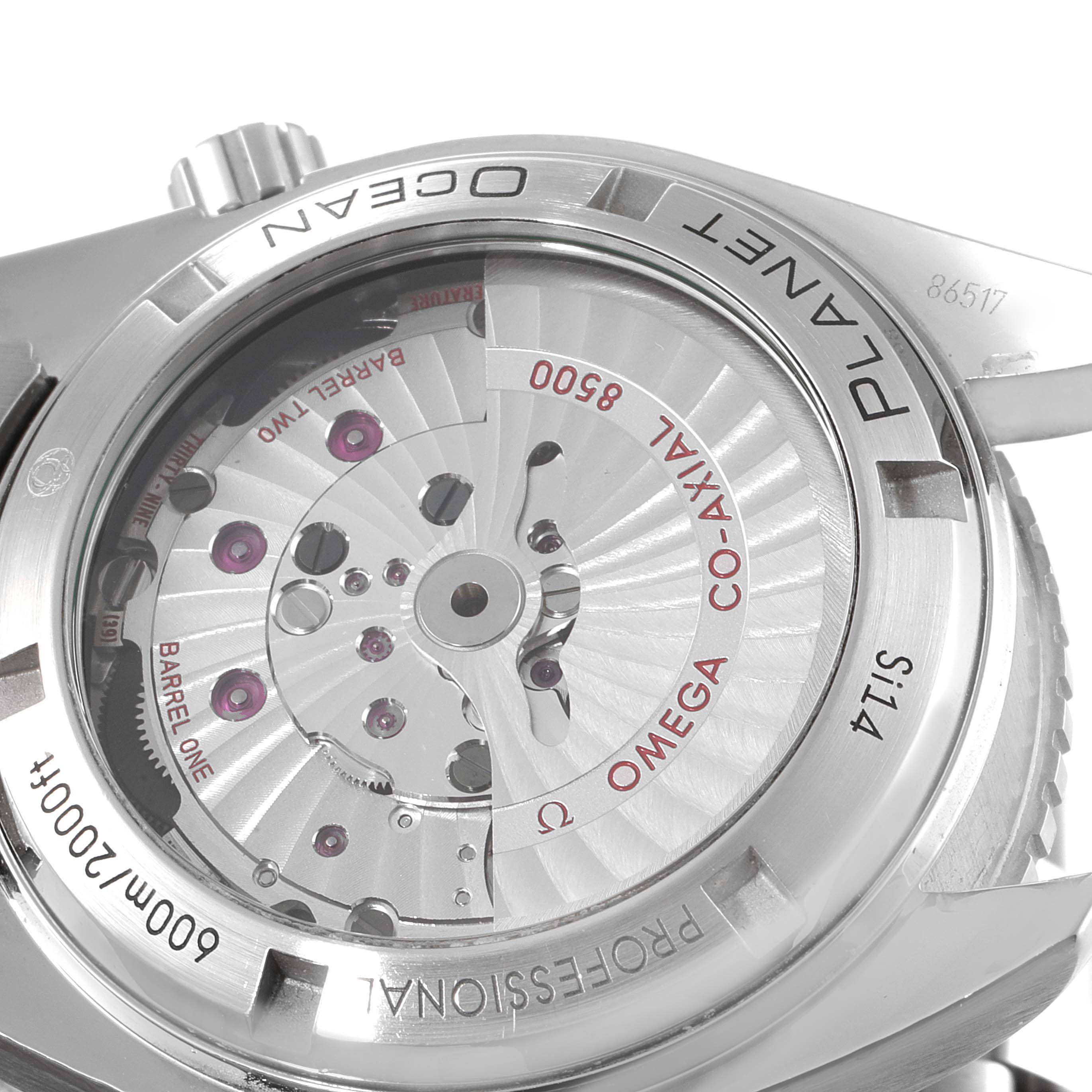 The image shows the back of the Omega Planet Ocean 232.30.42.21.01.003 Men
s Stainless Steel Black Dial 232.30.42.21.01.003 Men
s Stainless Steel Black Dial watch, highlighting its movement and mechanical components.