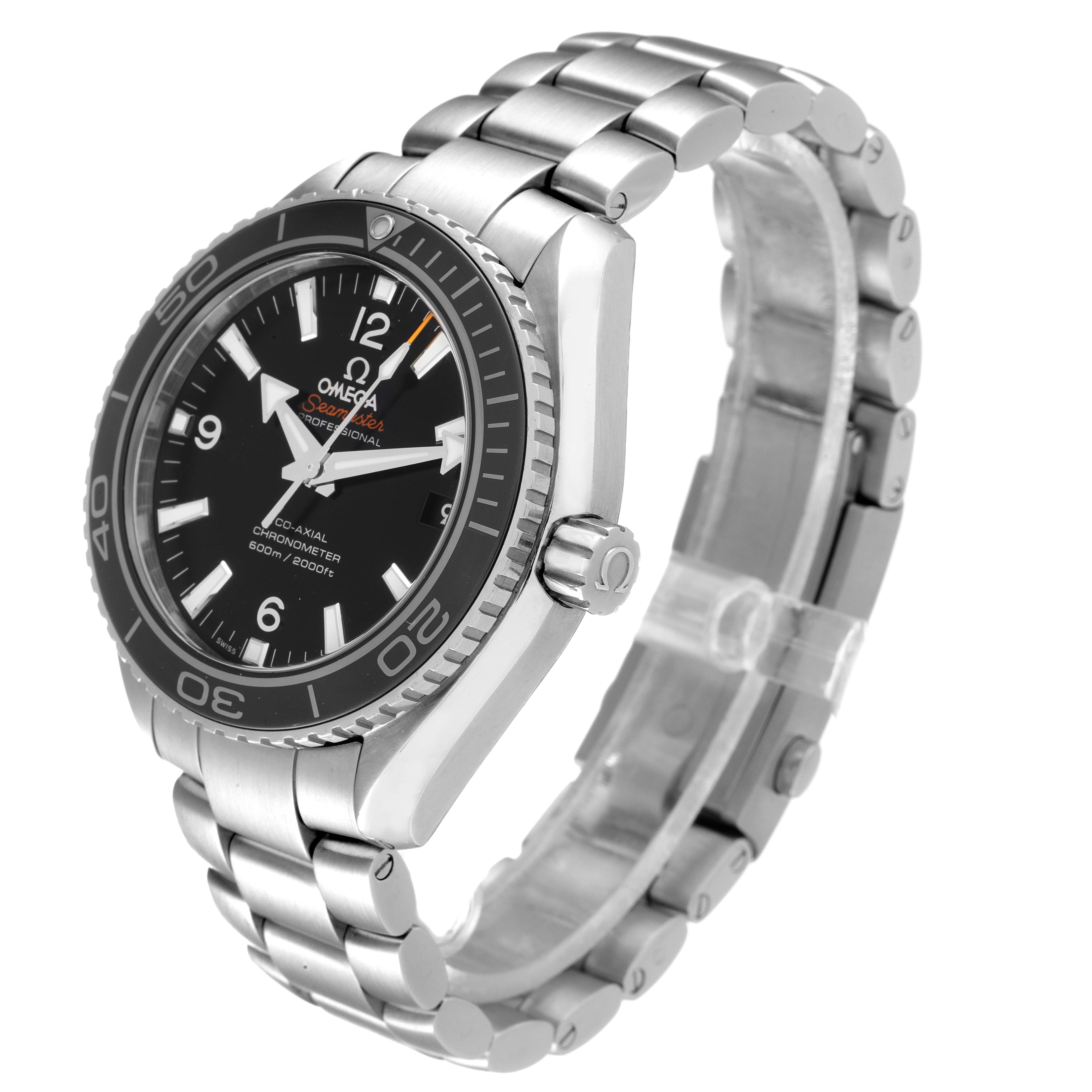 The image shows the Omega Planet Ocean 232.30.42.21.01.003 Men
s Stainless Steel Black Dial 232.30.42.21.01.003 Men
s Stainless Steel Black Dial watch at a three-quarter angle highlighting the dial, bezel, crown, and bracelet.