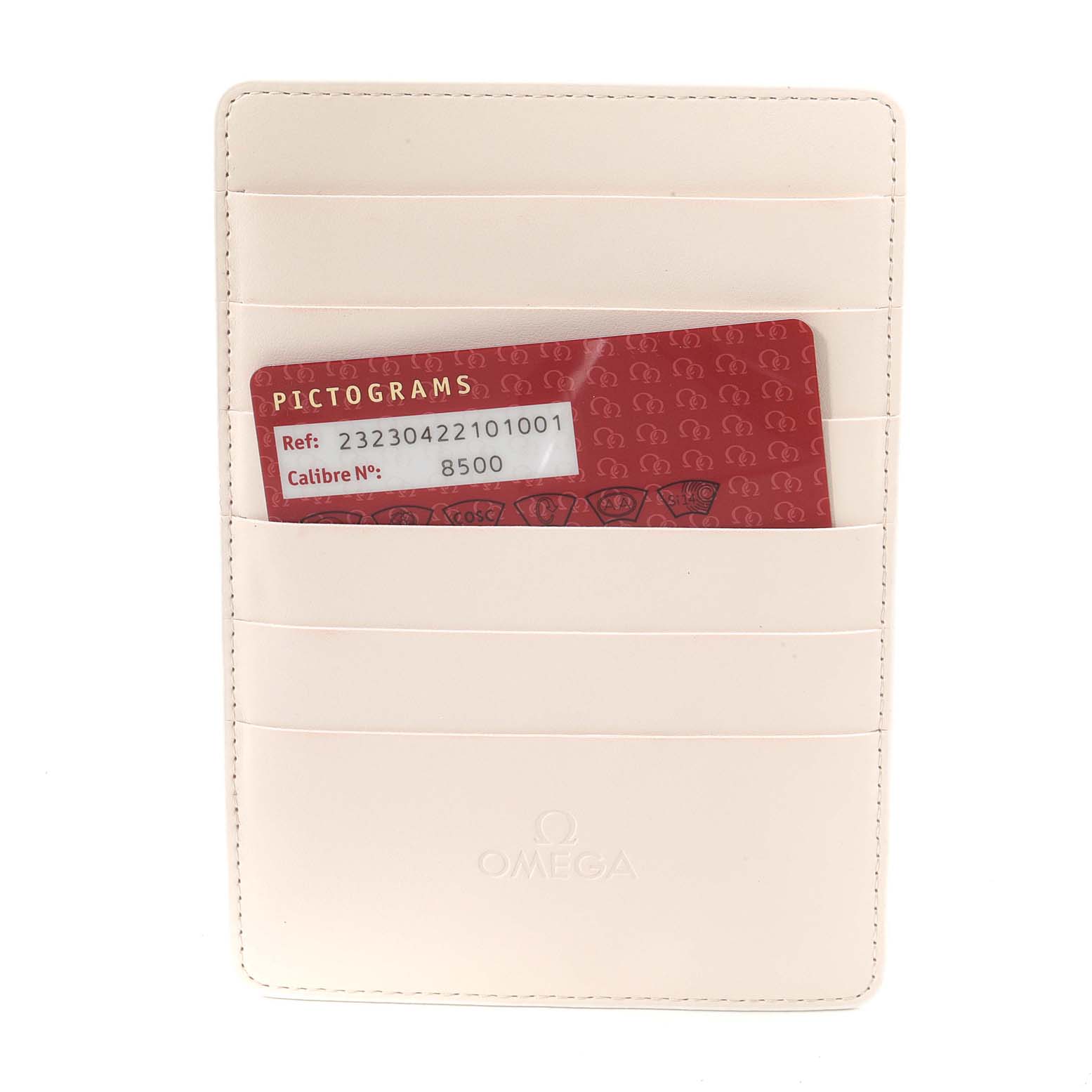 This image shows a white cardholder containing the reference and caliber card for the Omega Planet Ocean 232.30.42.21.01.003 Men
s Stainless Steel Black Dial 232.30.42.21.01.003 Men
s Stainless Steel Black Dial watch model.