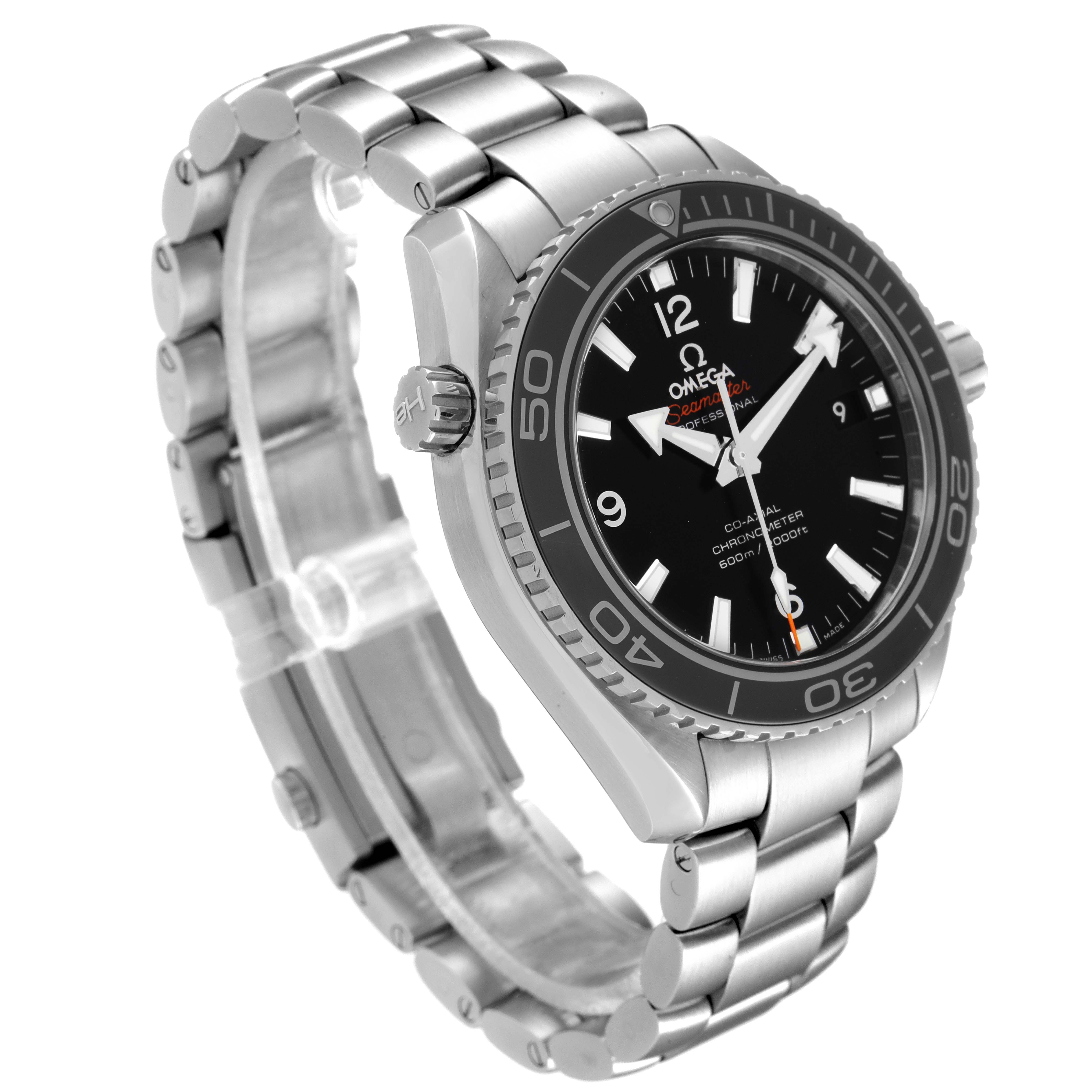 The Omega Planet Ocean 232.30.42.21.01.003 Men
s Stainless Steel Black Dial 232.30.42.21.01.003 Men
s Stainless Steel Black Dial watch is shown at a three-quarter angle, highlighting the dial, bezel, crown, and bracelet.