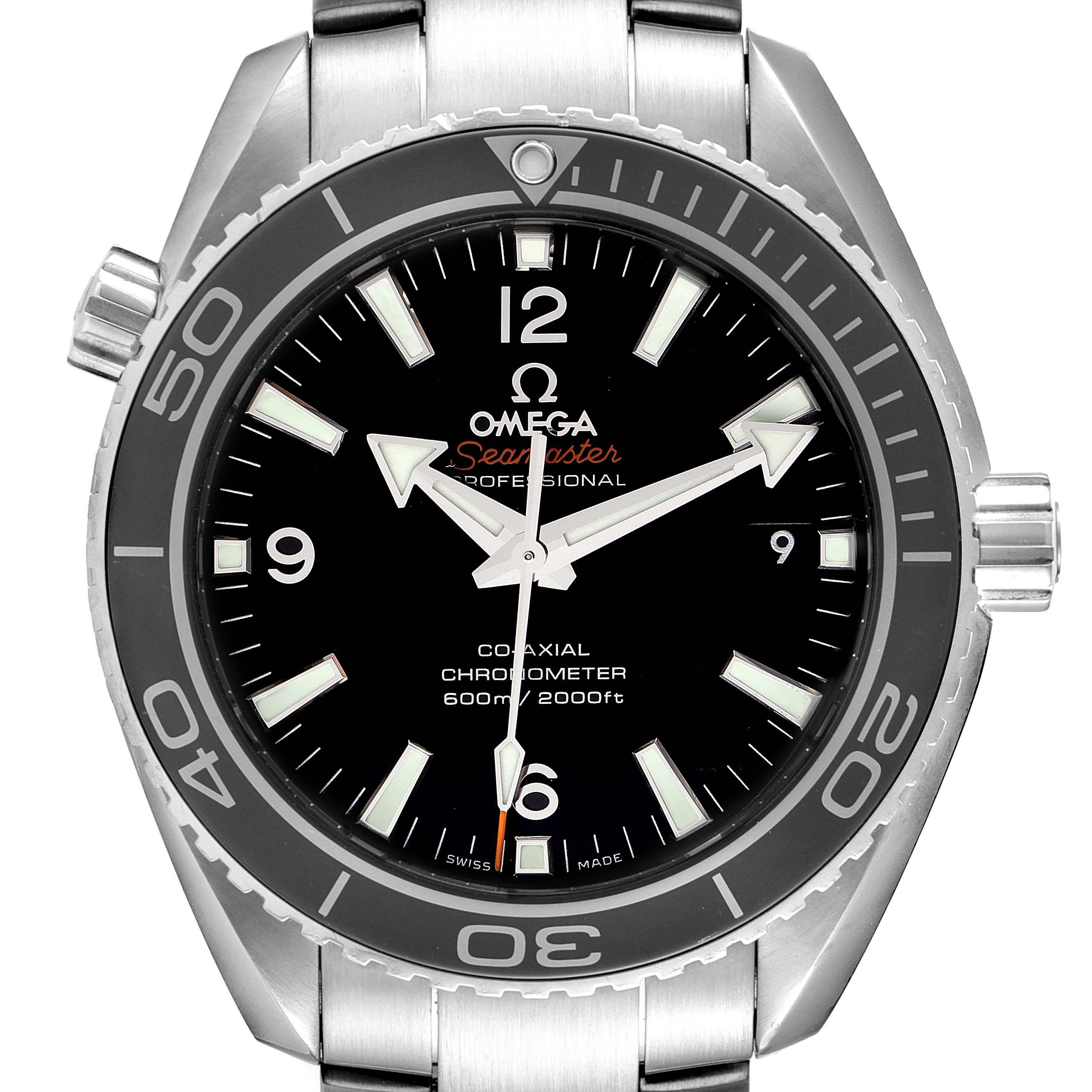 This image shows a front view of the Omega Planet Ocean 232.30.42.21.01.003 Men
s Stainless Steel Black Dial 232.30.42.21.01.003 Men
s Stainless Steel Black Dial watch, highlighting the dial, hands, bezel, and part of the bracelet.