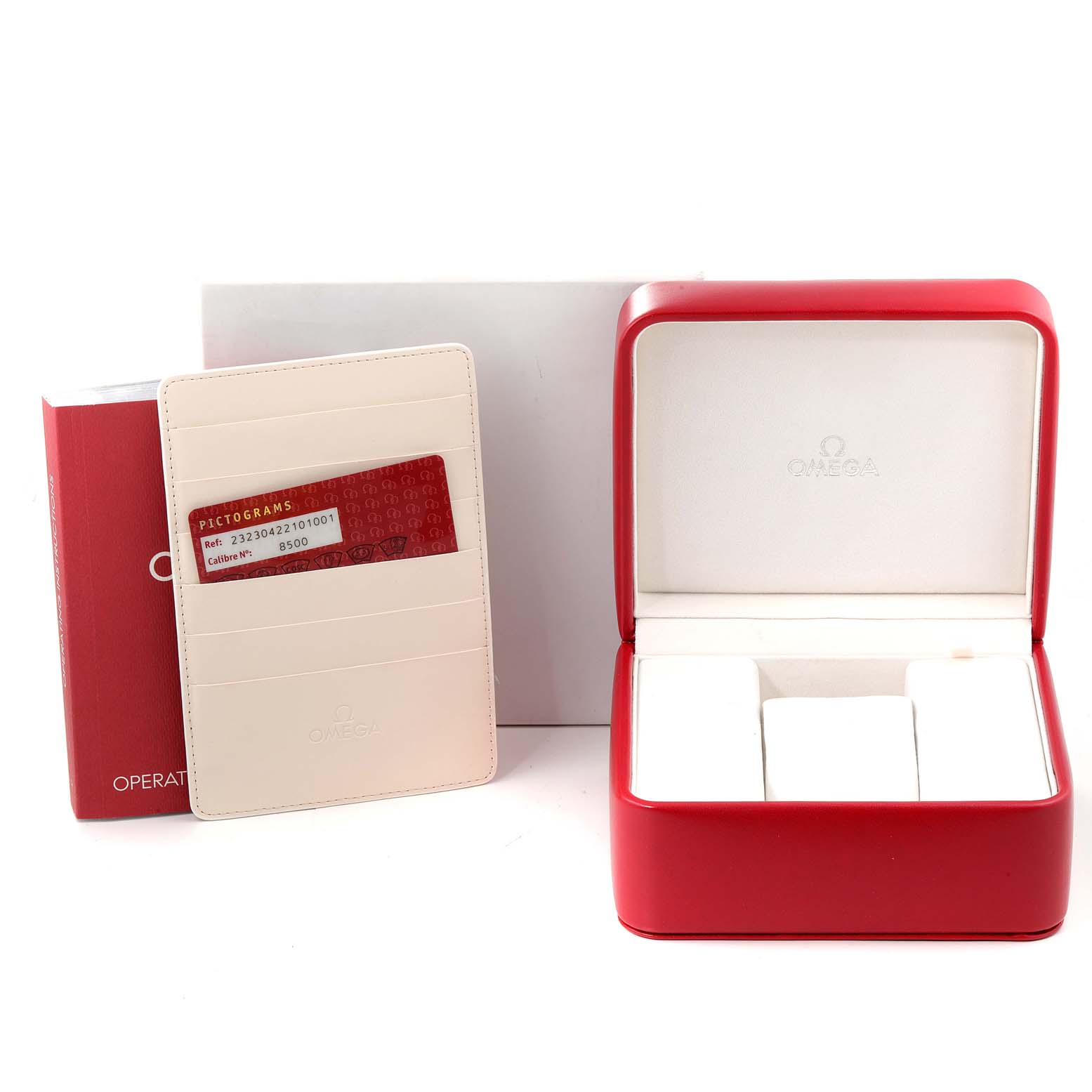 The image shows the packaging and accessories for an Omega Planet Ocean 232.30.42.21.01.003 Men
s Stainless Steel Black Dial 232.30.42.21.01.003 Men
s Stainless Steel Black Dial watch, including the watch box, manual, and warranty card.