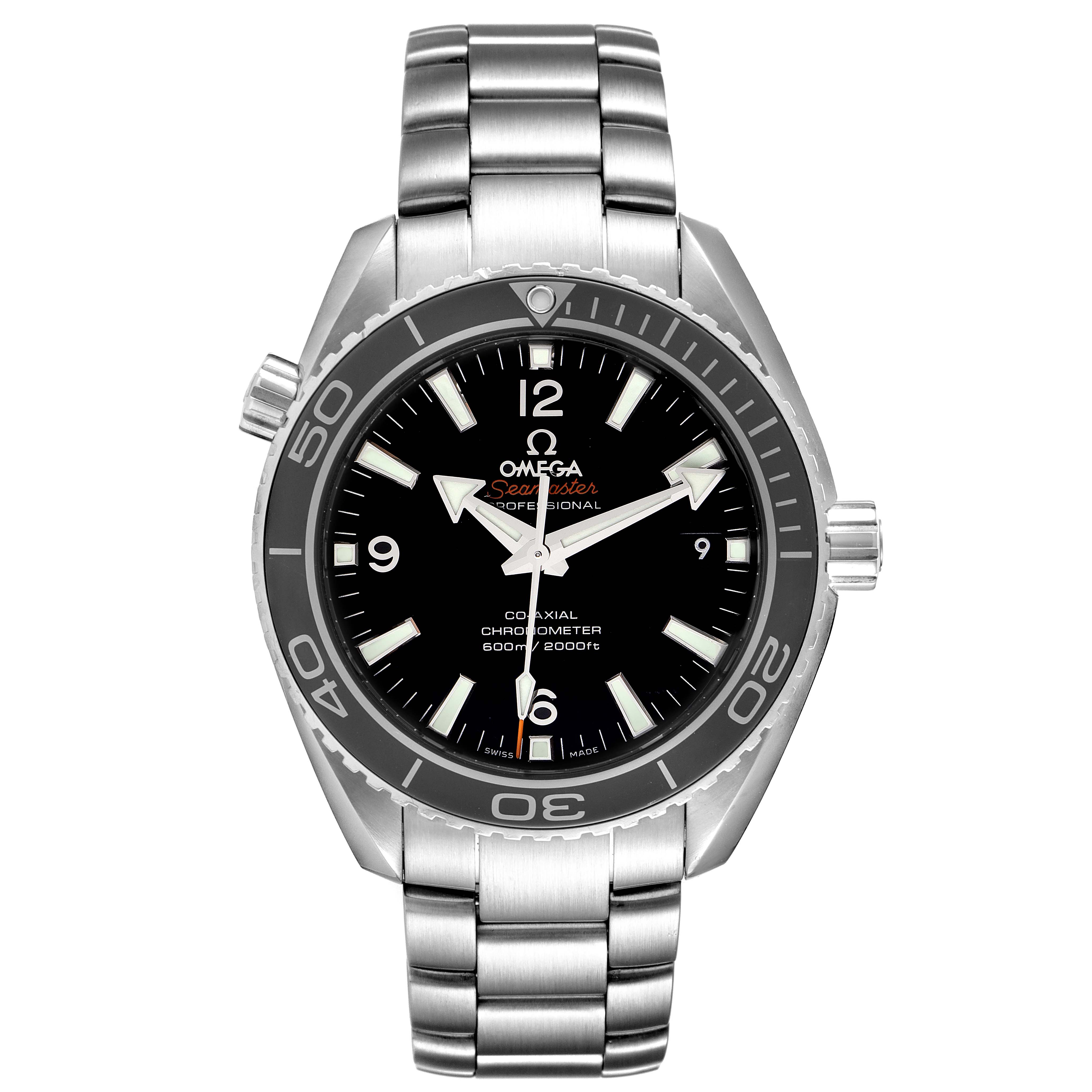 The image shows a front view of the Omega Planet Ocean 232.30.42.21.01.003 Men
s Stainless Steel Black Dial 232.30.42.21.01.003 Men
s Stainless Steel Black Dial model watch, highlighting the face, bezel, and stainless steel bracelet.
