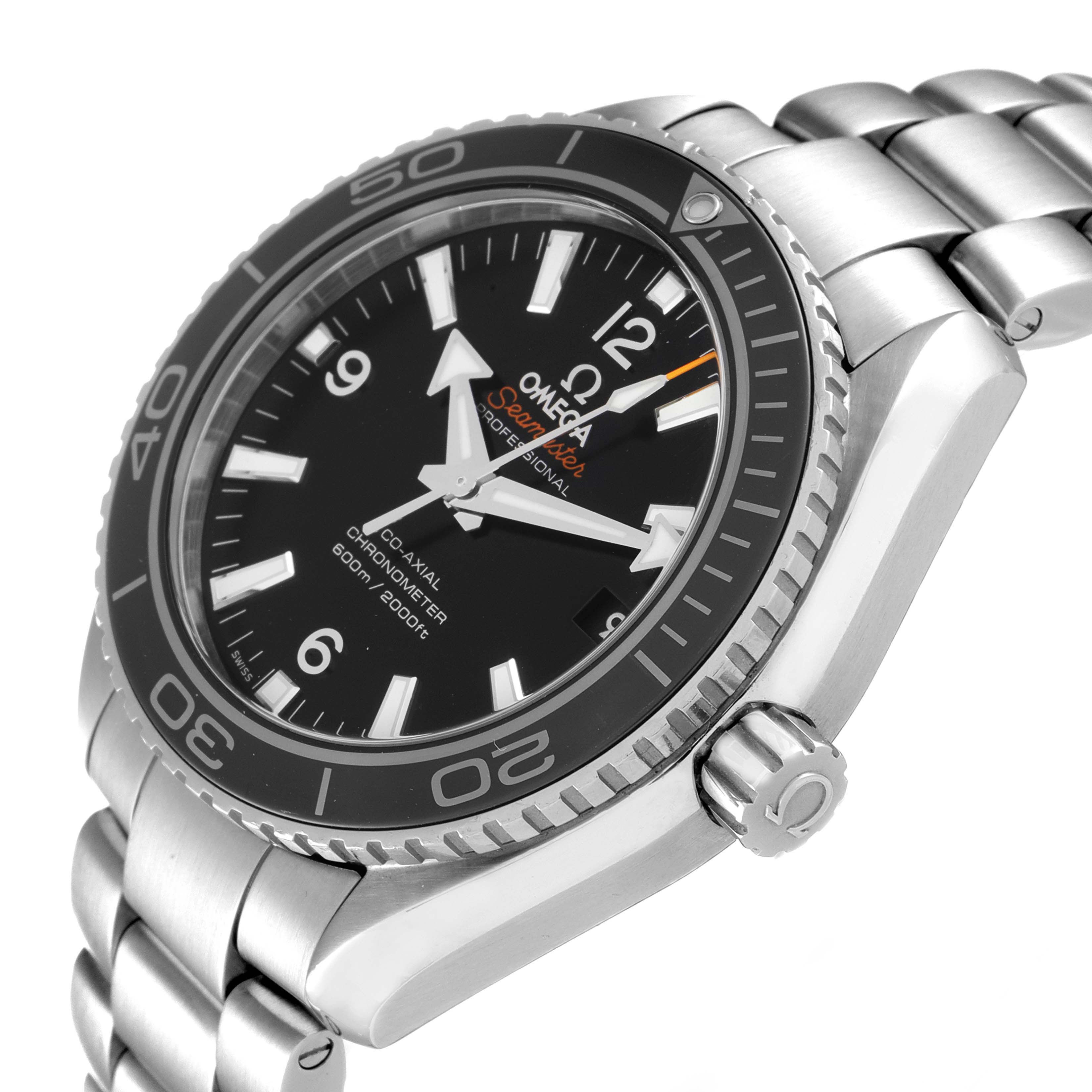 The Omega Planet Ocean 232.30.42.21.01.003 Men
s Stainless Steel Black Dial 232.30.42.21.01.003 Men
s Stainless Steel Black Dial watch is shown at an oblique angle, highlighting the bezel, dial, crown, and part of the bracelet.