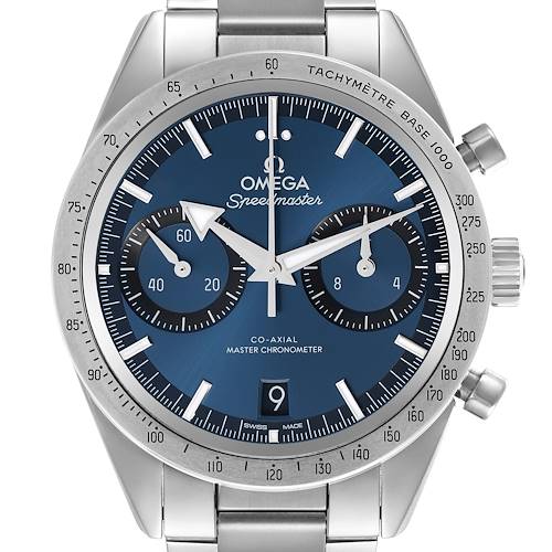 The Omega Speedmaster 332.10.41.51.03.001 Men's Stainless Steel Blue Dial watch is shown from a front view, highlighting the dial, bezel, and chronograph features.