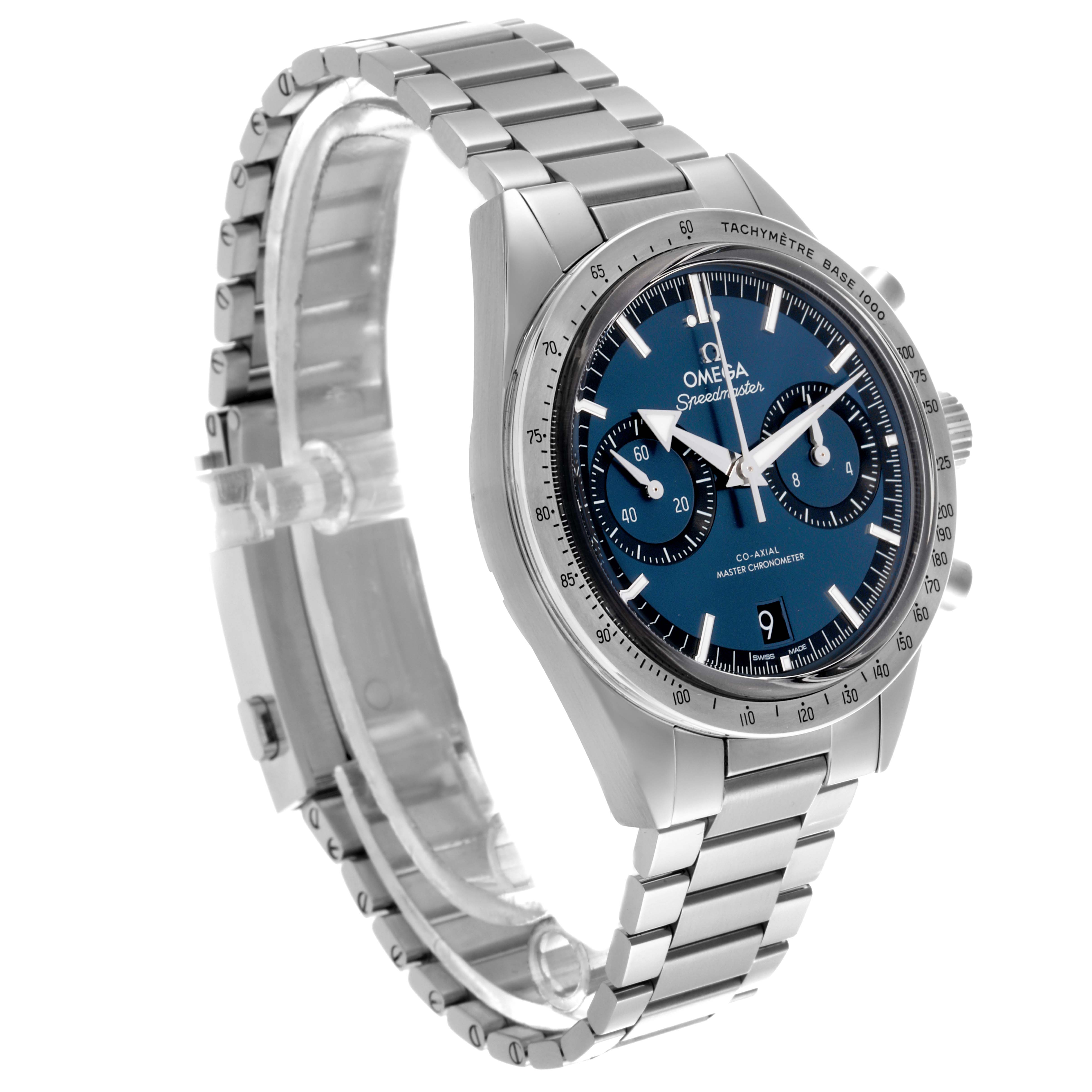 The Omega Speedmaster 332.10.41.51.03.001 Men's Stainless Steel Blue Dial is shown at a three-quarter angle, highlighting the bracelet, dial, and tachymeter bezel.
