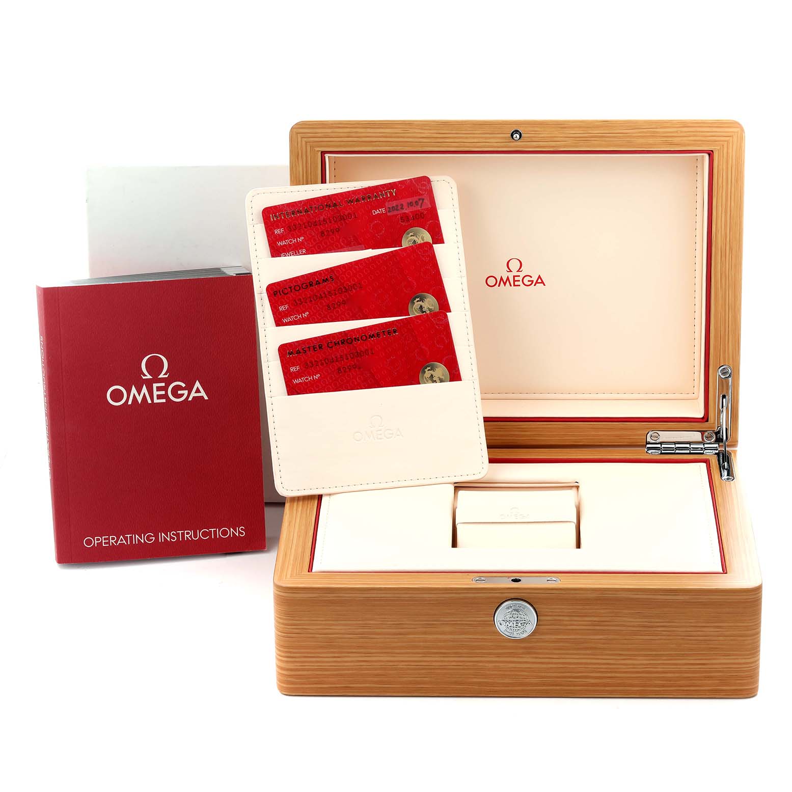 The image shows the Omega Speedmaster 332.10.41.51.03.001 Men's Stainless Steel Blue Dial packaging, including the box, documentation, and warranty cards, viewed from the front.