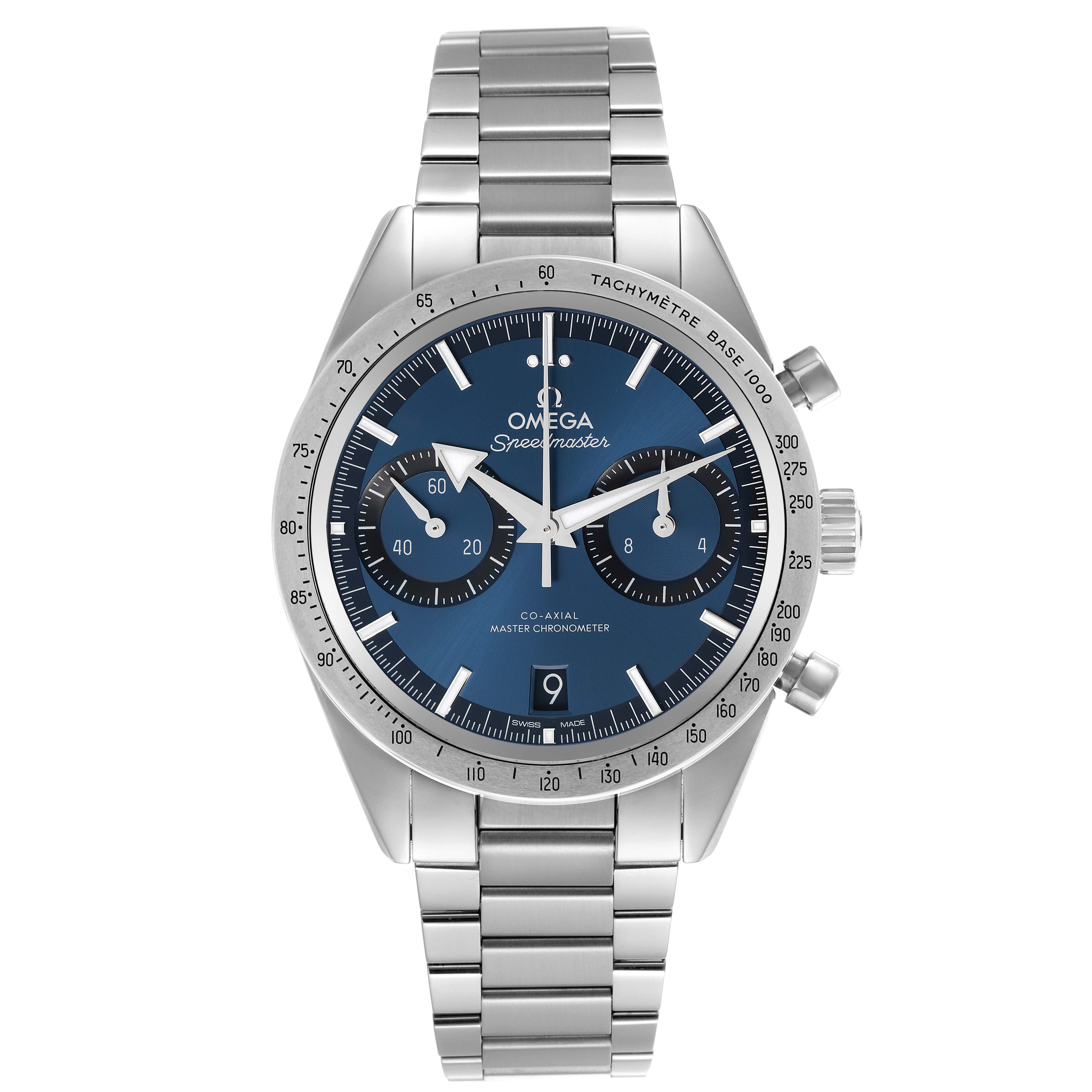 The Omega Speedmaster 332.10.41.51.03.001 Men's Stainless Steel Blue Dial watch is shown from the front, displaying the dial, tachymeter bezel, and metal bracelet.