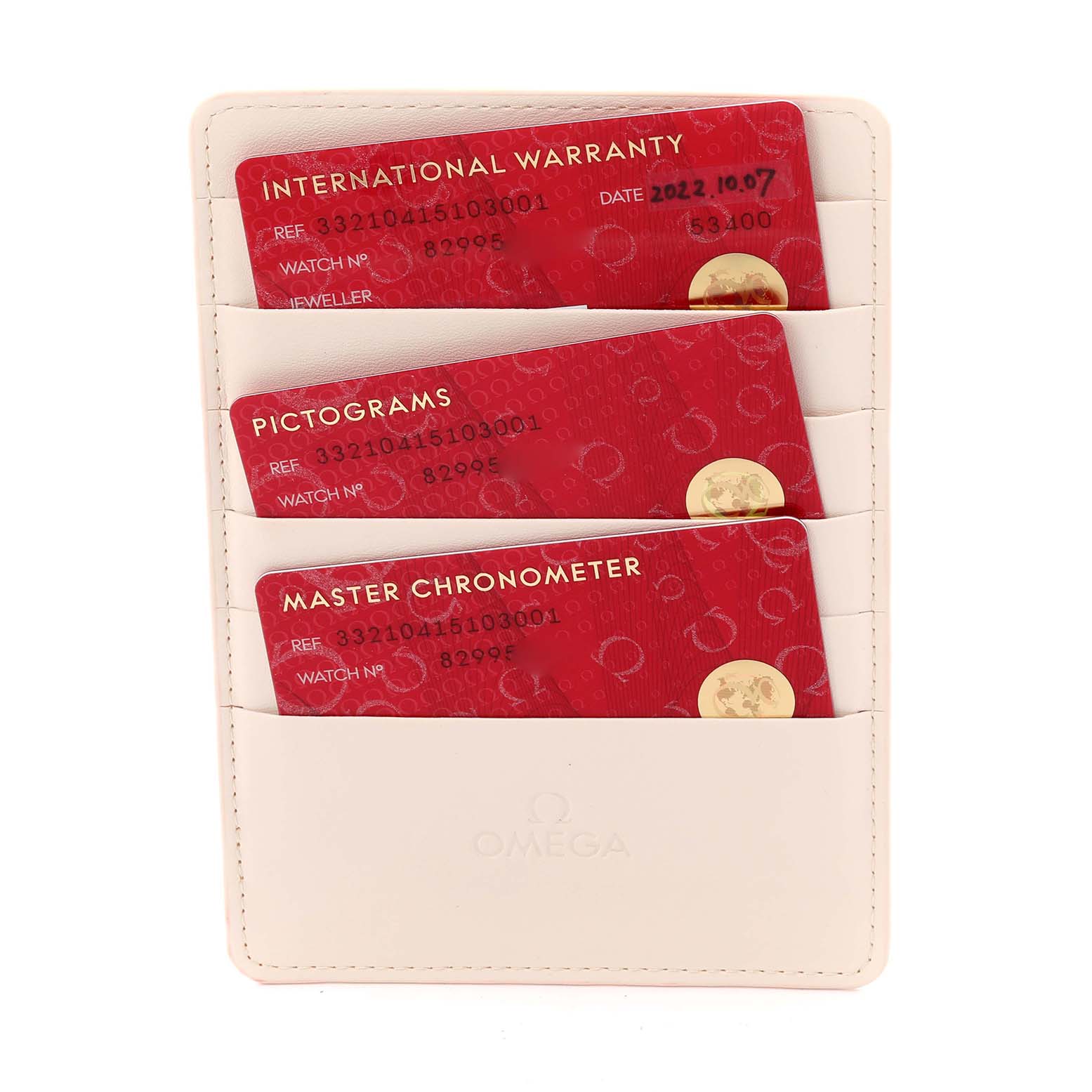 The image shows cards for an Omega Speedmaster 332.10.41.51.03.001 Men's Stainless Steel Blue Dial: International Warranty, Pictograms, and Master Chronometer, in a cardholder.