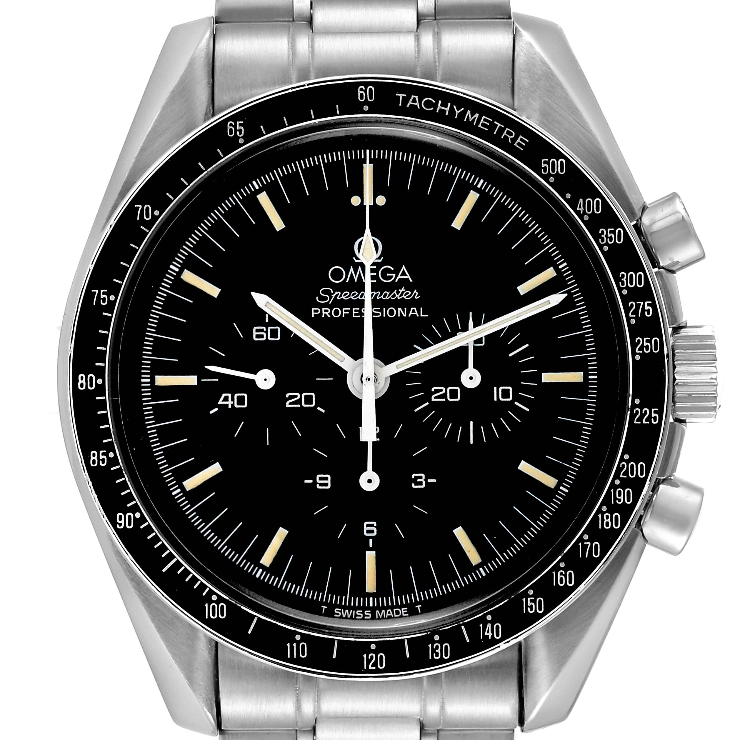 The image shows a front view of an Omega Speedmaster 3590.50.00 Men
s Stainless Steel Black Dial 3590.50.00 Men
s Stainless Steel Black Dial watch, highlighting its dial, bezel, and chronograph pushers.
