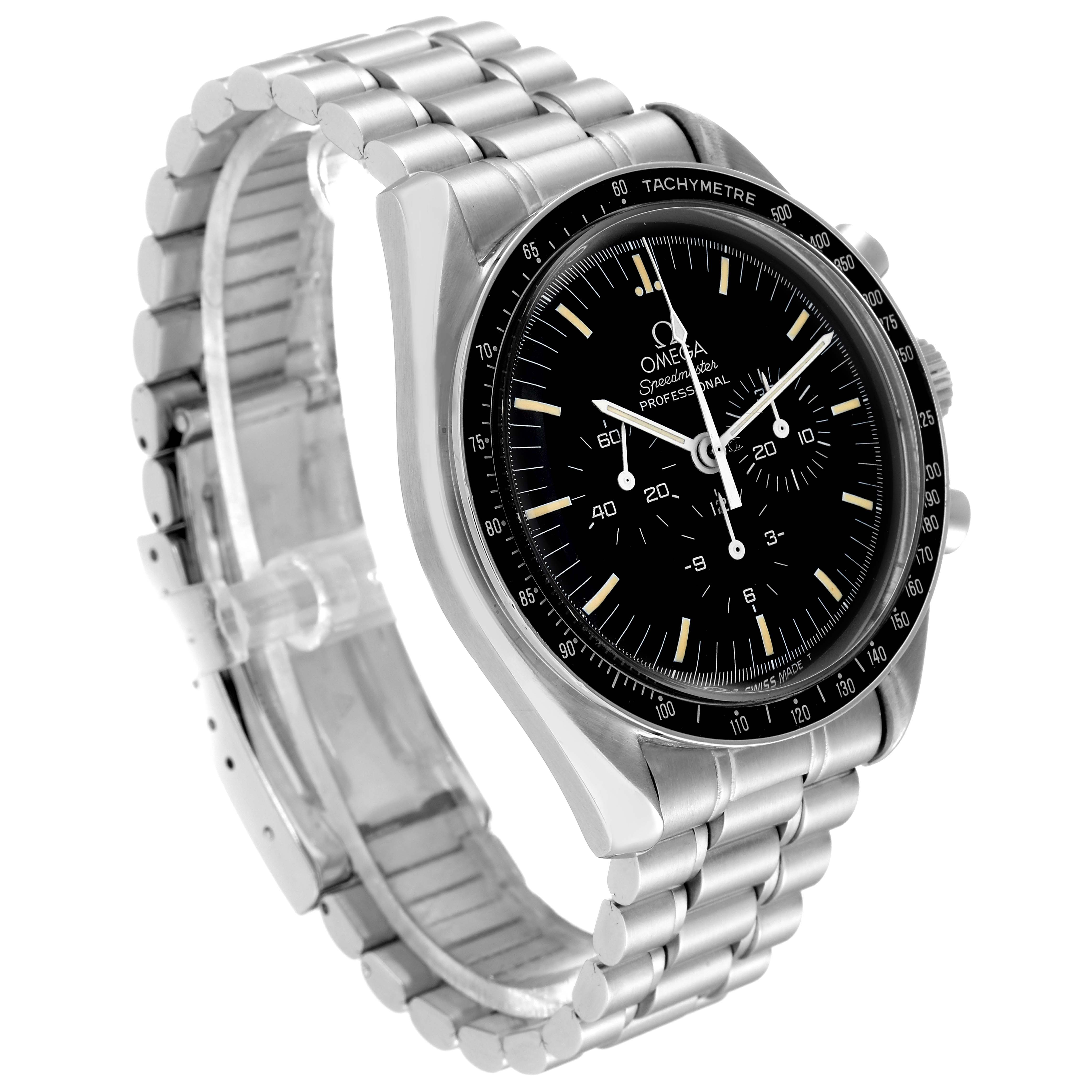 The image shows an angled view of an Omega Speedmaster 3590.50.00 Men
s Stainless Steel Black Dial 3590.50.00 Men
s Stainless Steel Black Dial watch, highlighting the watch face, tachymeter bezel, and stainless steel bracelet.