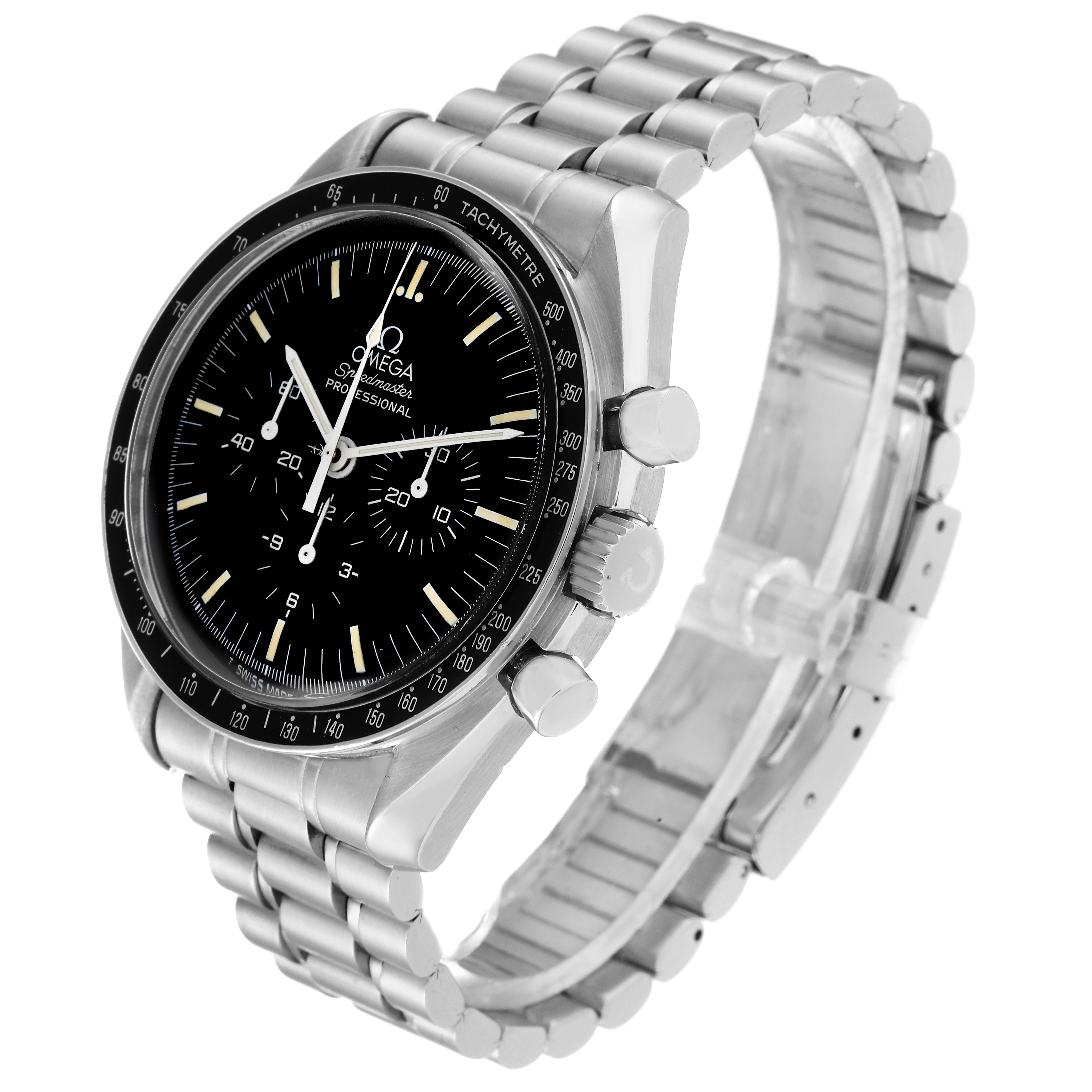 The Omega Speedmaster 3590.50.00 Men
s Stainless Steel Black Dial 3590.50.00 Men
s Stainless Steel Black Dial watch is shown at a three-quarter angle, displaying its face, crown, pushers, and metal bracelet.