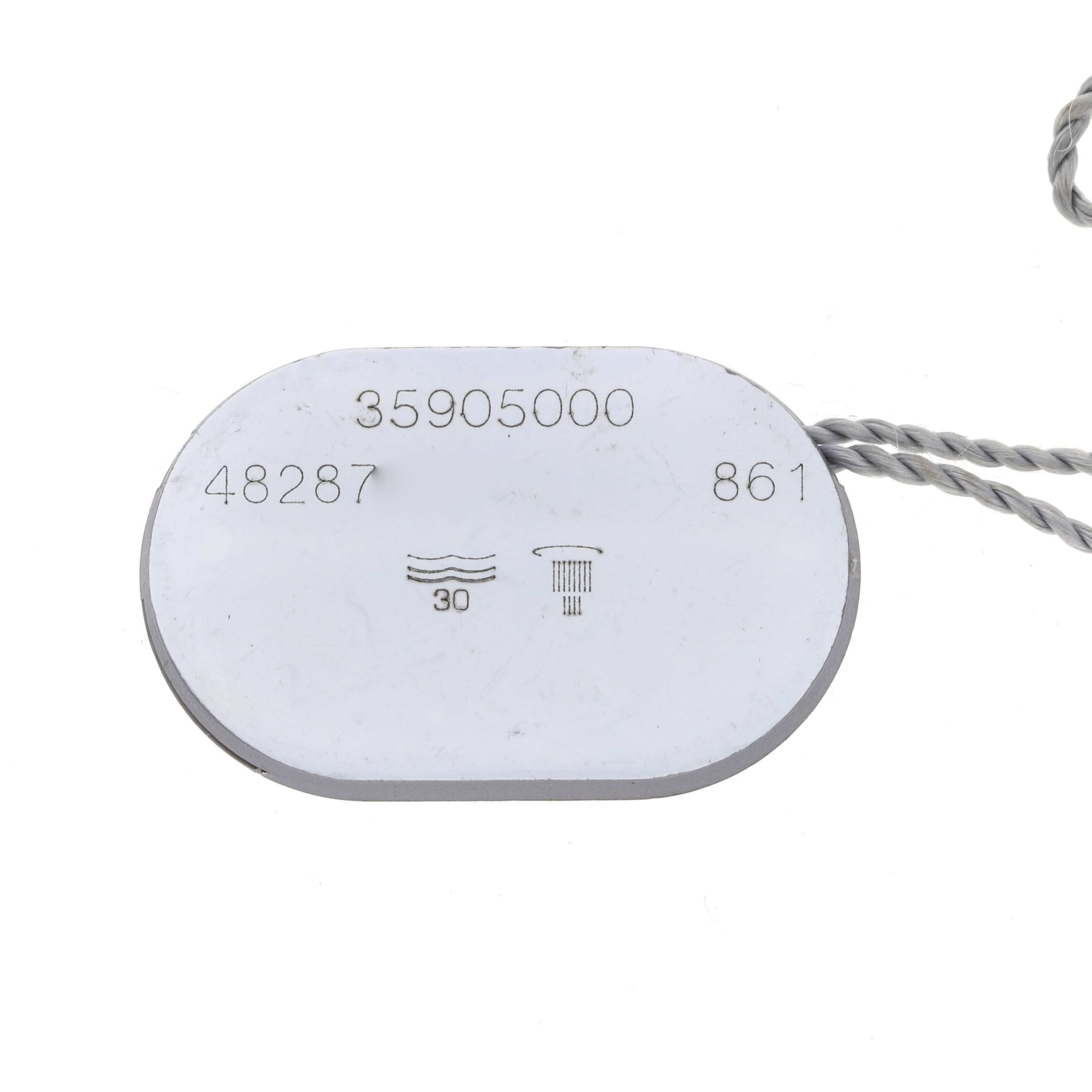 This image shows an oval-shaped tag with numbers and symbols, associated with the Omega Speedmaster 3590.50.00 Men
s Stainless Steel Black Dial 3590.50.00 Men
s Stainless Steel Black Dial model.