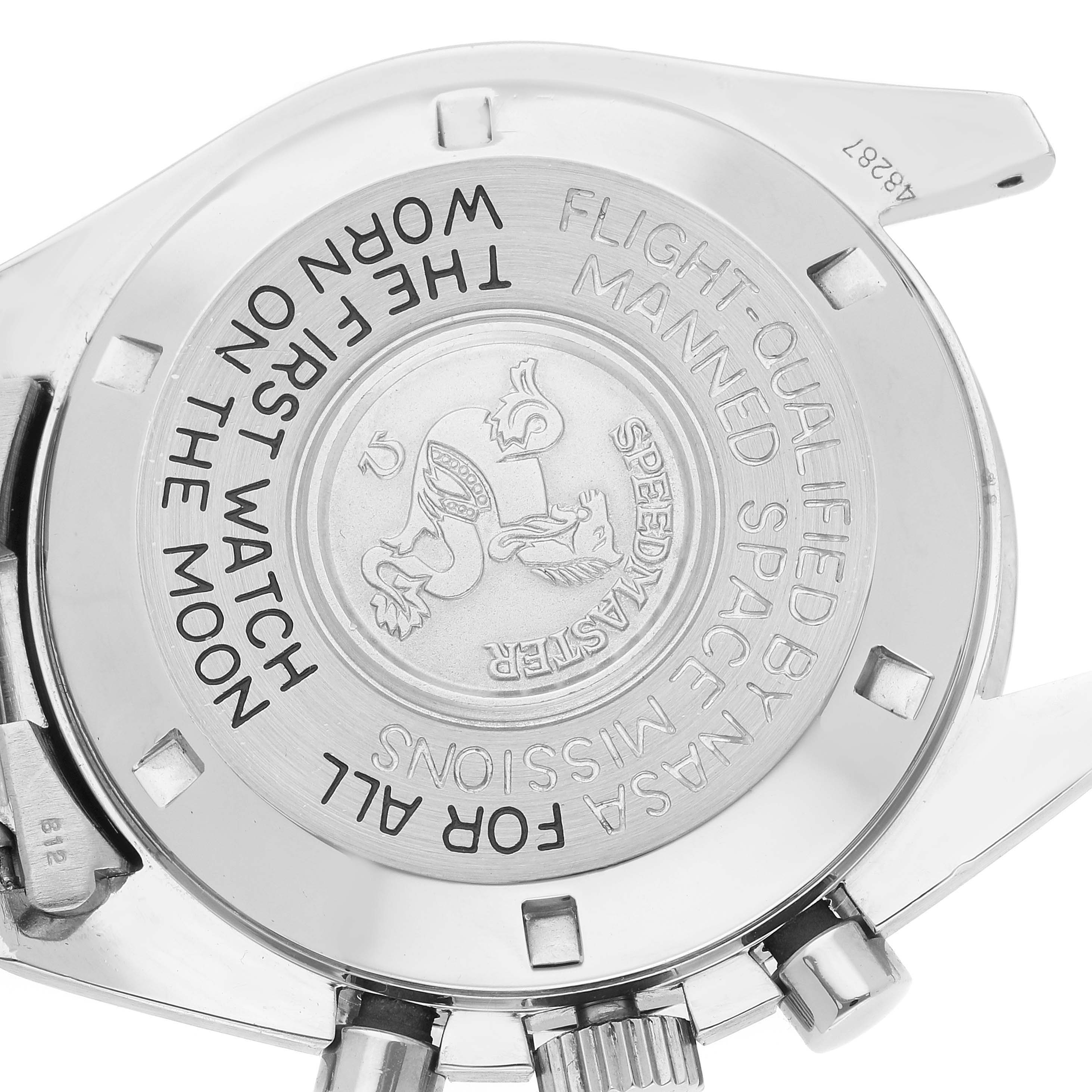 The image shows the back case of an Omega Speedmaster 3590.50.00 Men
s Stainless Steel Black Dial 3590.50.00 Men
s Stainless Steel Black Dial watch, highlighting its engravings.