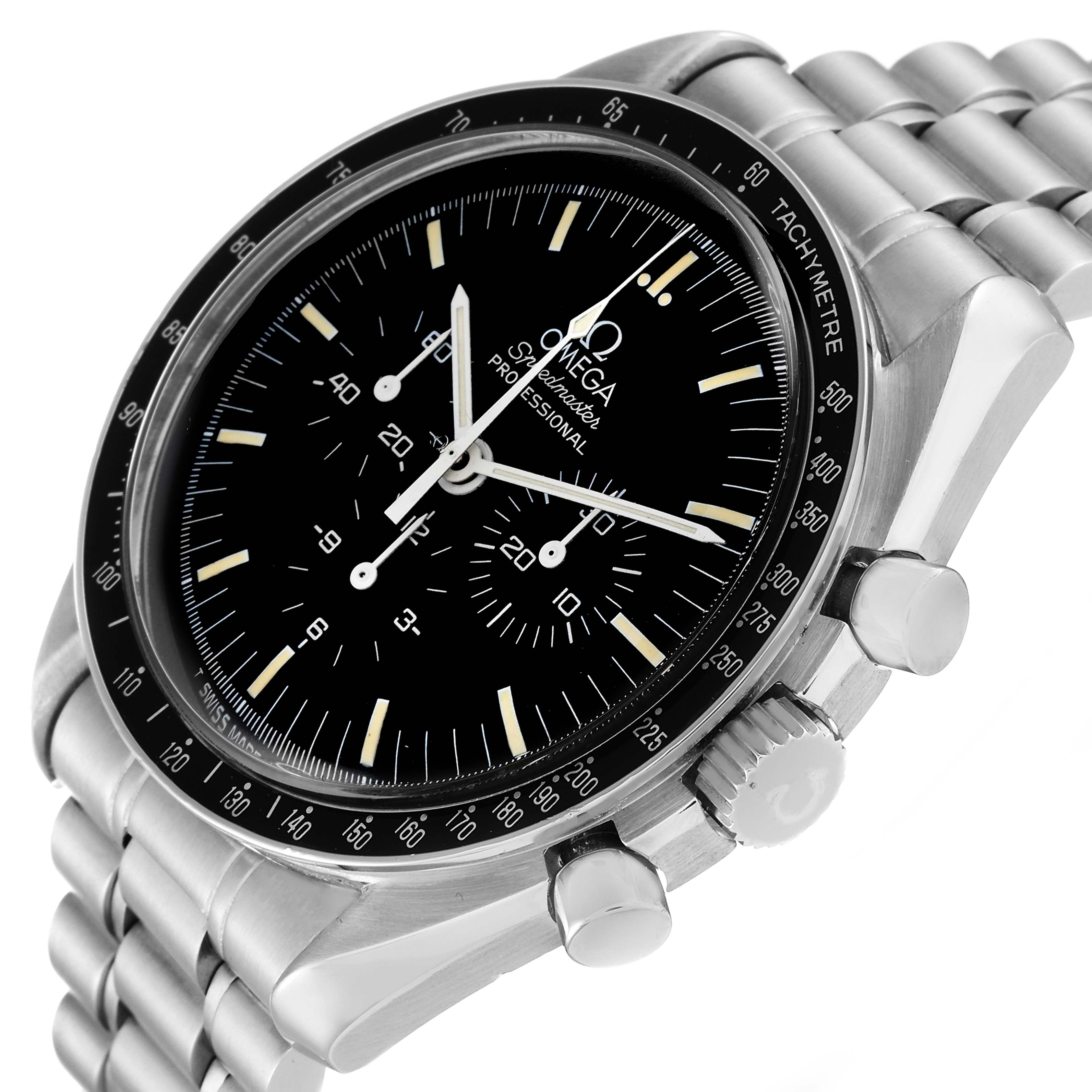 The Omega Speedmaster 3590.50.00 Men
s Stainless Steel Black Dial 3590.50.00 Men
s Stainless Steel Black Dial watch is shown at an angled side view, highlighting the dial, bezel, subdials, and stainless steel bracelet.