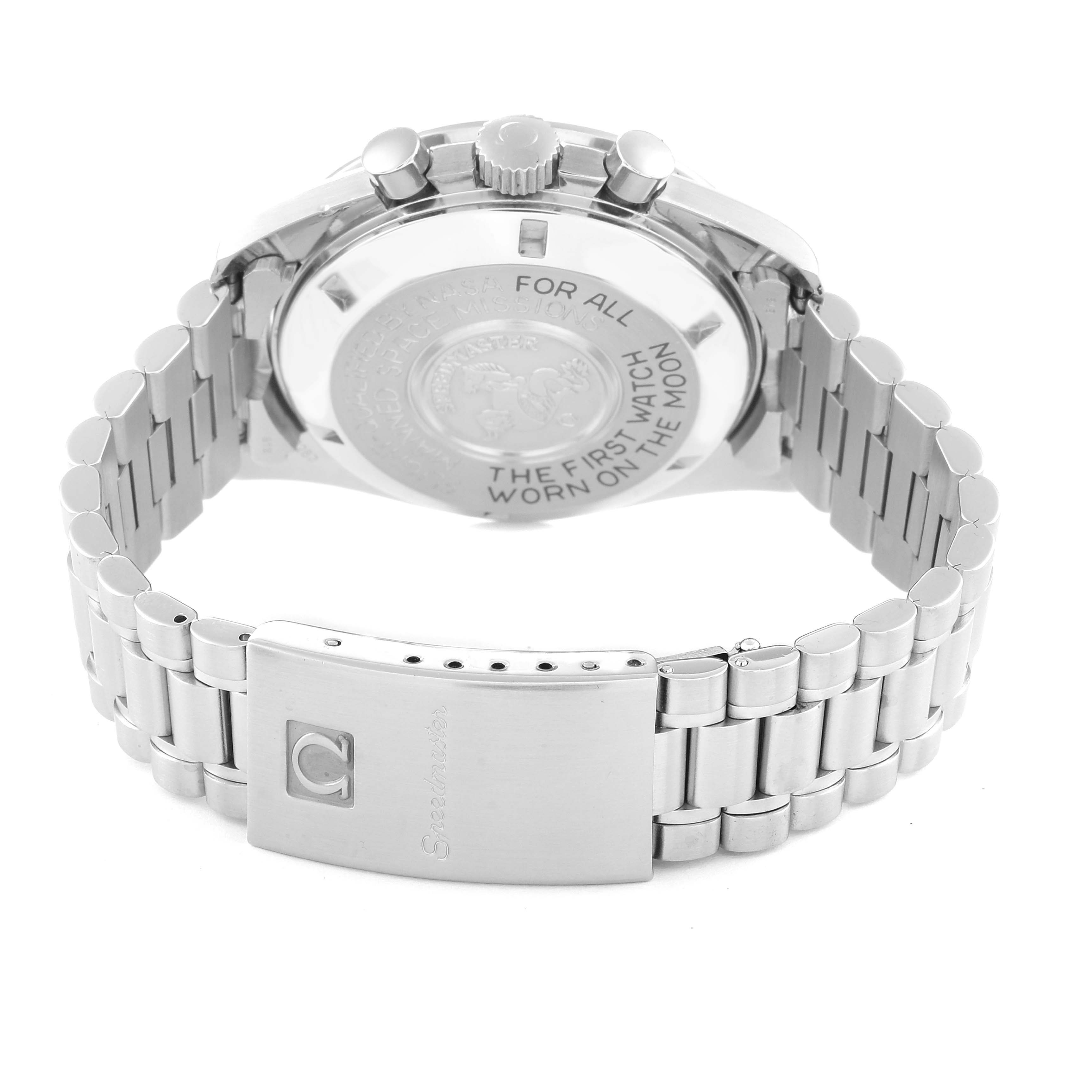 The image shows the back and clasp of an Omega Speedmaster 3590.50.00 Men
s Stainless Steel Black Dial 3590.50.00 Men
s Stainless Steel Black Dial watch with an open bracelet and visible engravings on the case back.