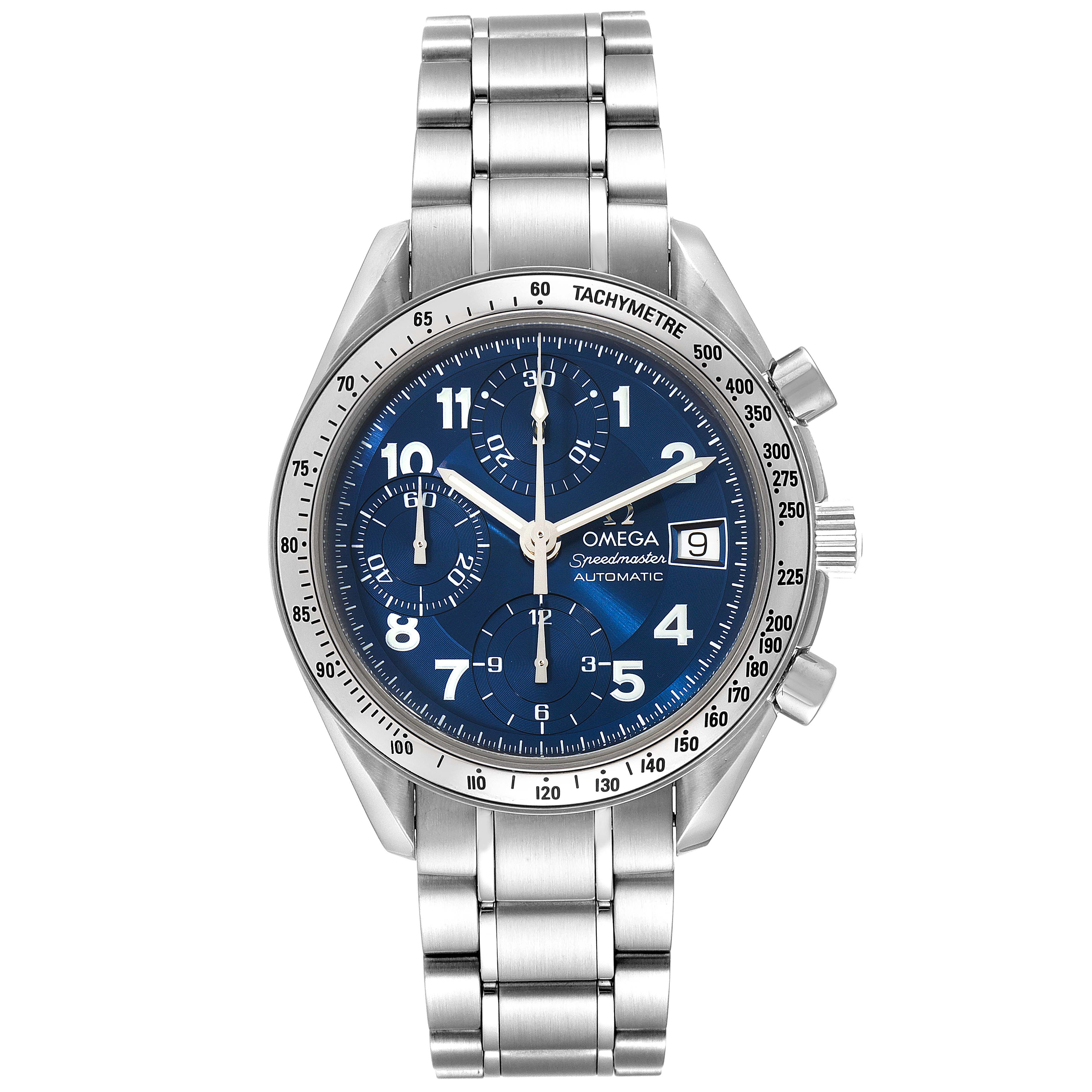 The image shows a front view of the Omega Speedmaster 3513.82.00 Men's Stainless Steel Blue Dial 3513.82.00 Men's Stainless Steel Blue Dial watch, highlighting its blue dial, chronograph subdials, and metal bracelet.