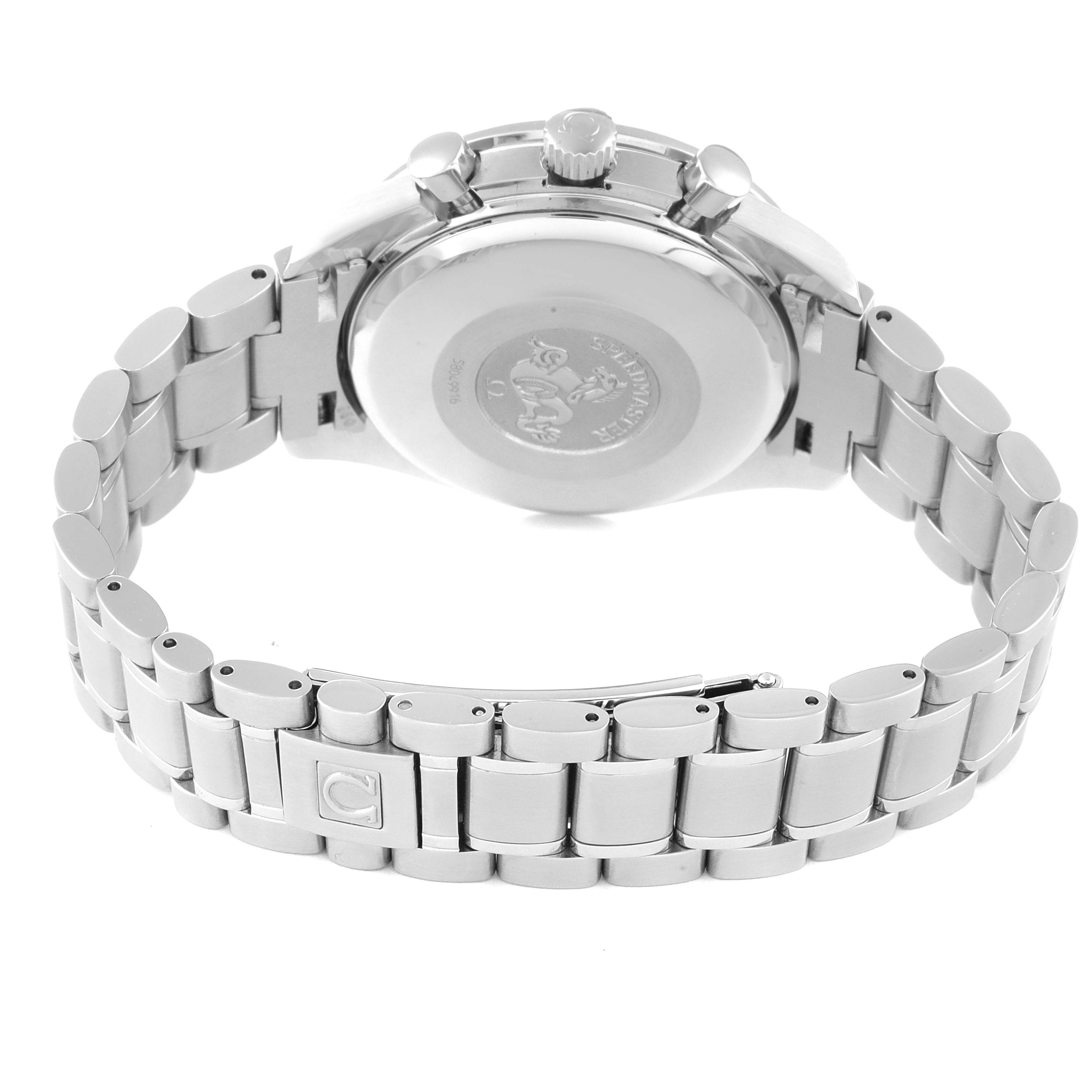 This image shows the back view of the Omega Speedmaster 3513.82.00 Men's Stainless Steel Blue Dial 3513.82.00 Men's Stainless Steel Blue Dial watch, highlighting the case back and metal bracelet with clasp.