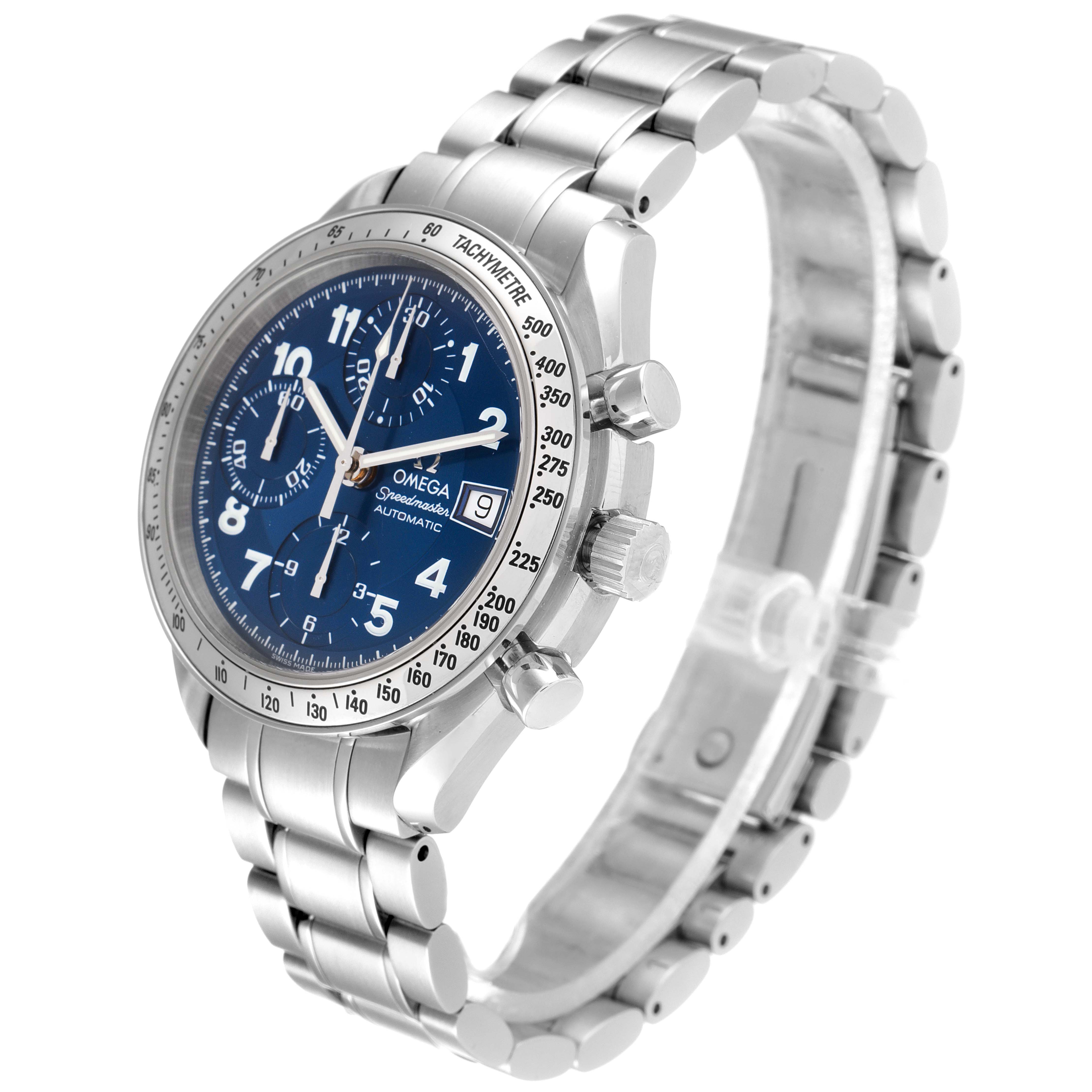 The image shows an angled view of the Omega Speedmaster 3513.82.00 Men's Stainless Steel Blue Dial 3513.82.00 Men's Stainless Steel Blue Dial, highlighting the dial, bezel, chronograph pushers, and stainless steel bracelet.