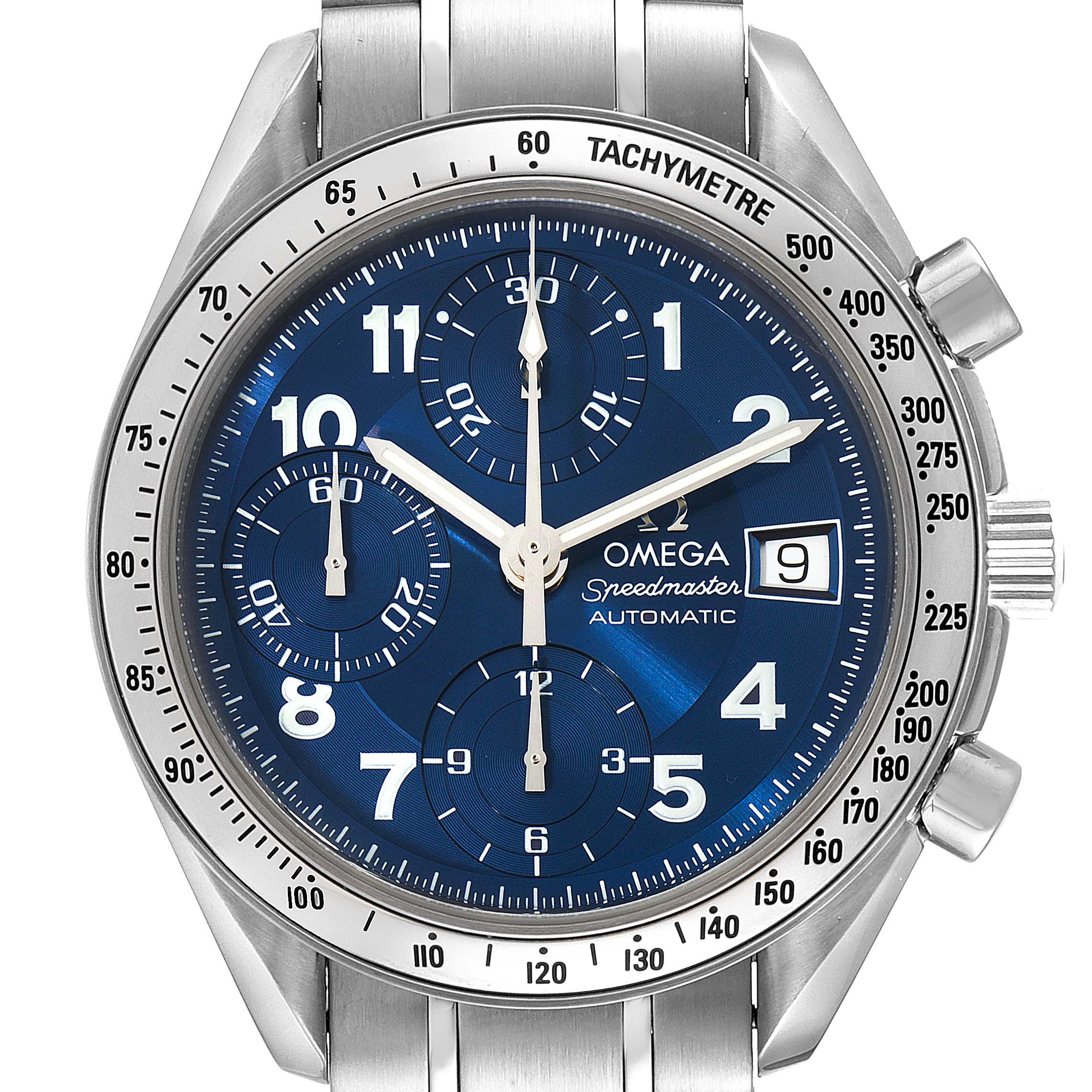 This image shows a front-facing view of the Omega Speedmaster 3513.82.00 Men's Stainless Steel Blue Dial 3513.82.00 Men's Stainless Steel Blue Dial watch, displaying its dial, hands, date window, and tachymeter.