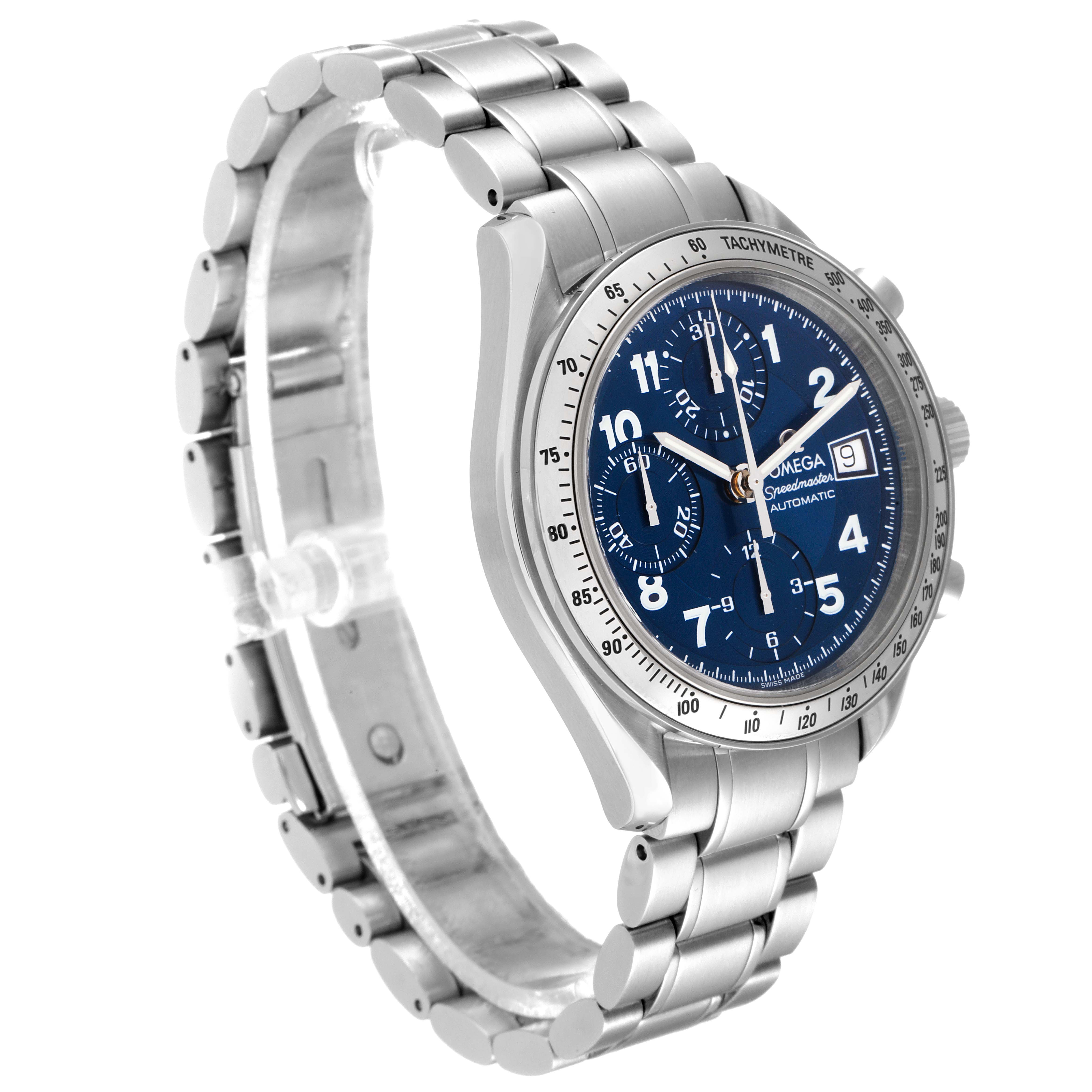 The Omega Speedmaster 3513.82.00 Men's Stainless Steel Blue Dial 3513.82.00 Men's Stainless Steel Blue Dial watch is shown at a tilted angle, displaying its blue dial, chronograph, date window, and stainless steel bracelet.