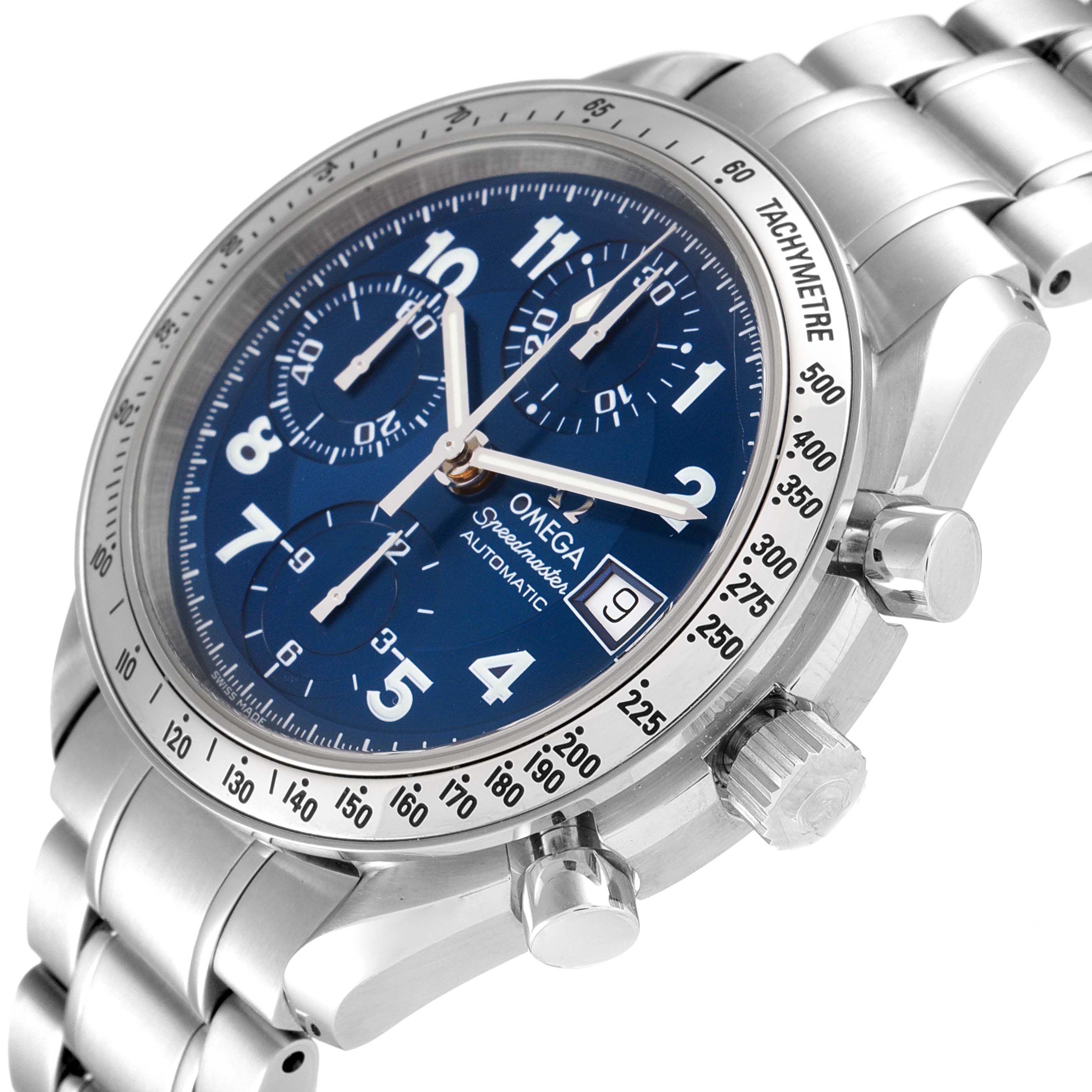 This image shows an Omega Speedmaster 3513.82.00 Men's Stainless Steel Blue Dial 3513.82.00 Men's Stainless Steel Blue Dial watch at a slight angle, displaying its blue dial, three sub-dials, tachymeter bezel, and metallic bracelet.