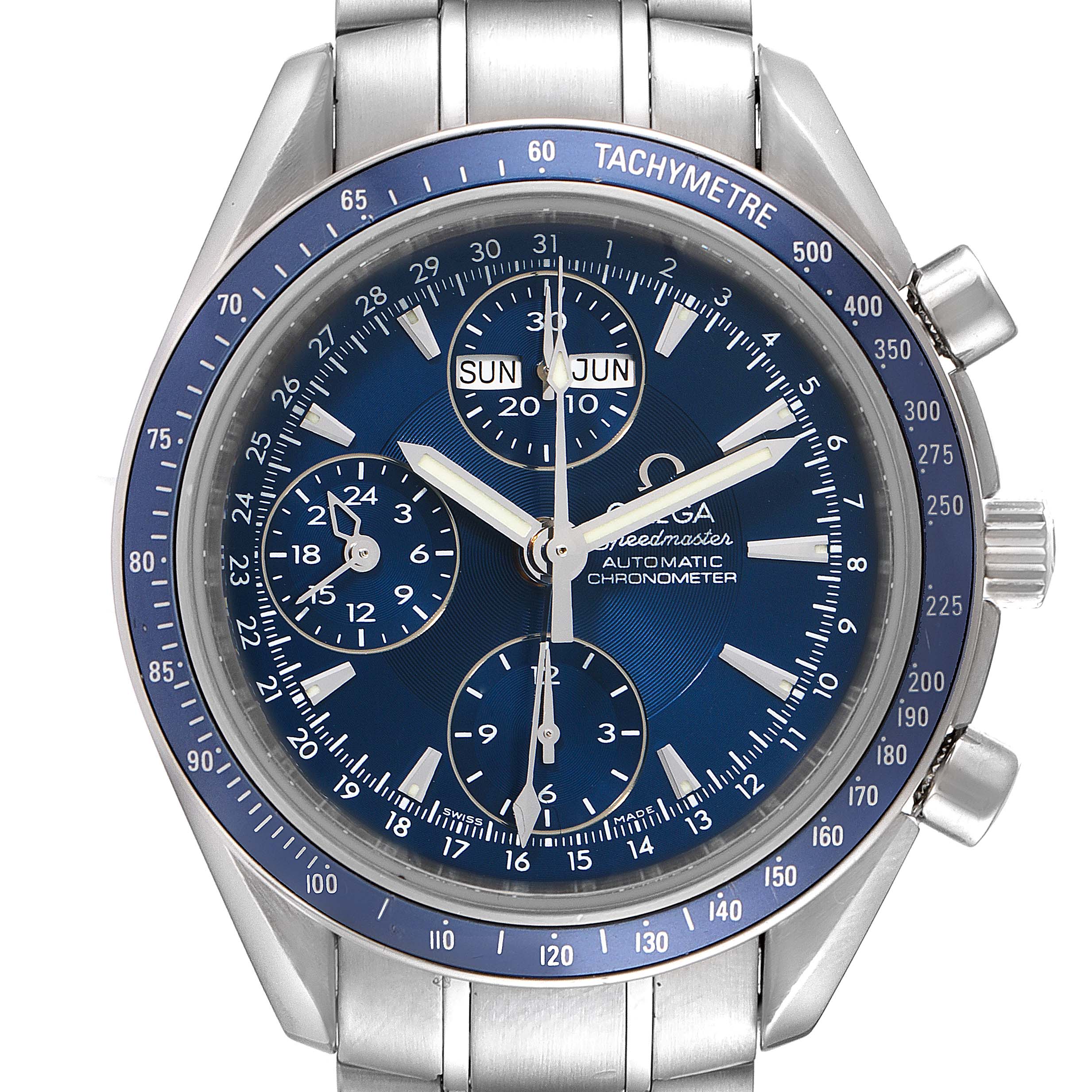 Front view of the Omega Speedmaster 3222.80.00 Men
s Stainless Steel Blue Dial 3222.80.00 Men
s Stainless Steel Blue Dial watch showing the face, bezel, and part of the bracelet.