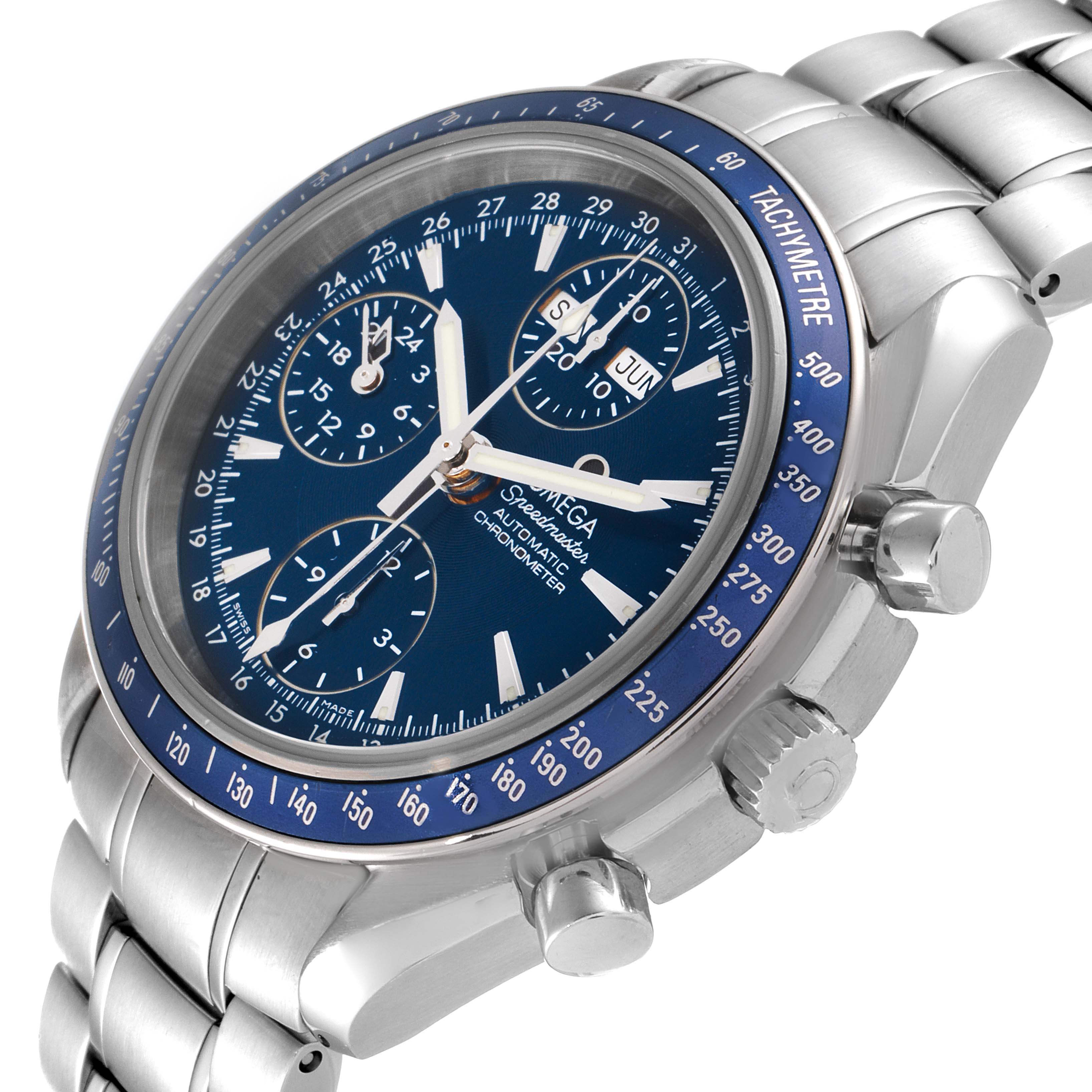 The Omega Speedmaster 3222.80.00 Men
s Stainless Steel Blue Dial 3222.80.00 Men
s Stainless Steel Blue Dial watch is shown from a slight angle, featuring its face, bezel, crown, and part of the bracelet.