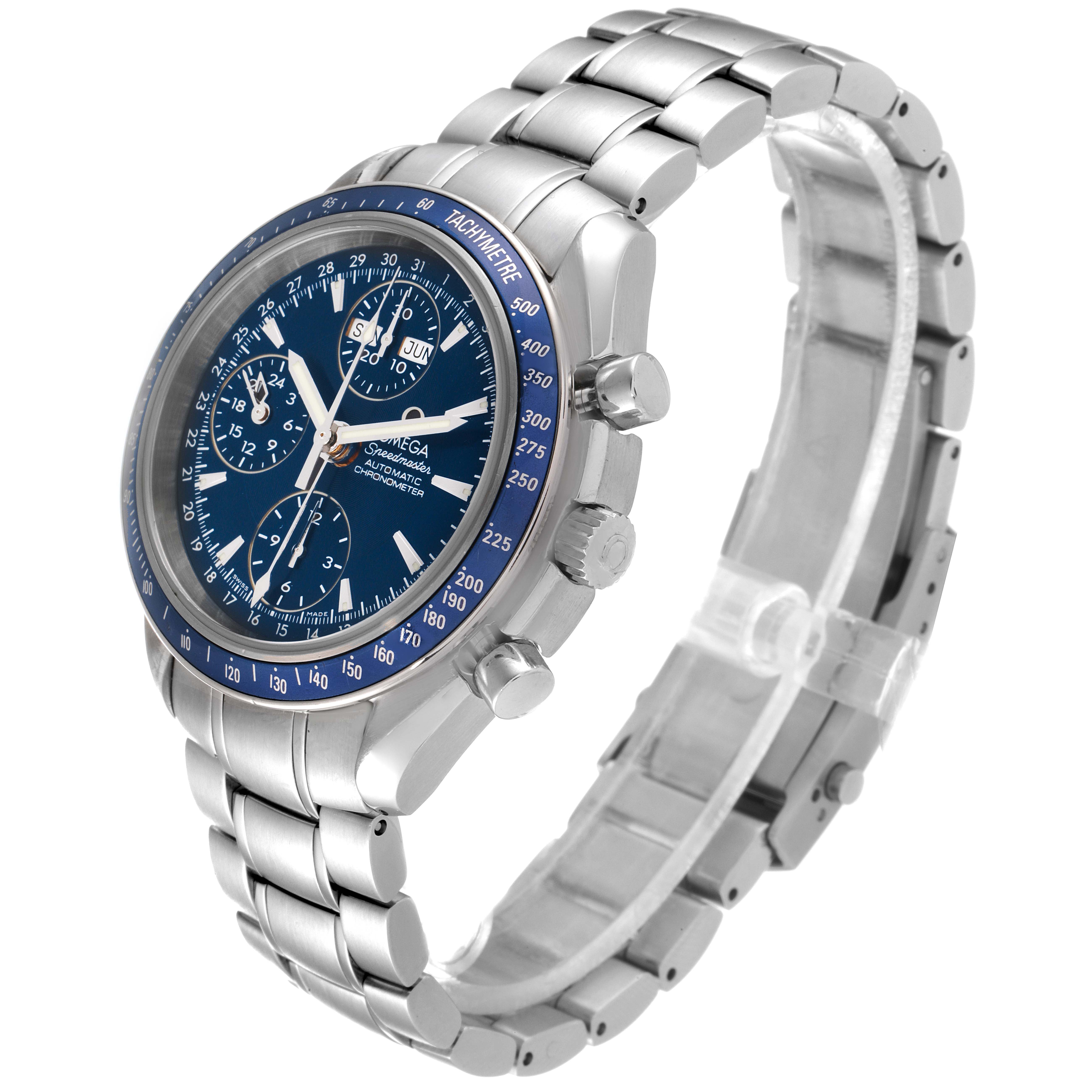 The image shows an Omega Speedmaster 3222.80.00 Men
s Stainless Steel Blue Dial 3222.80.00 Men
s Stainless Steel Blue Dial watch at a three-quarter angle, displaying the face, bezel, case, and bracelet.