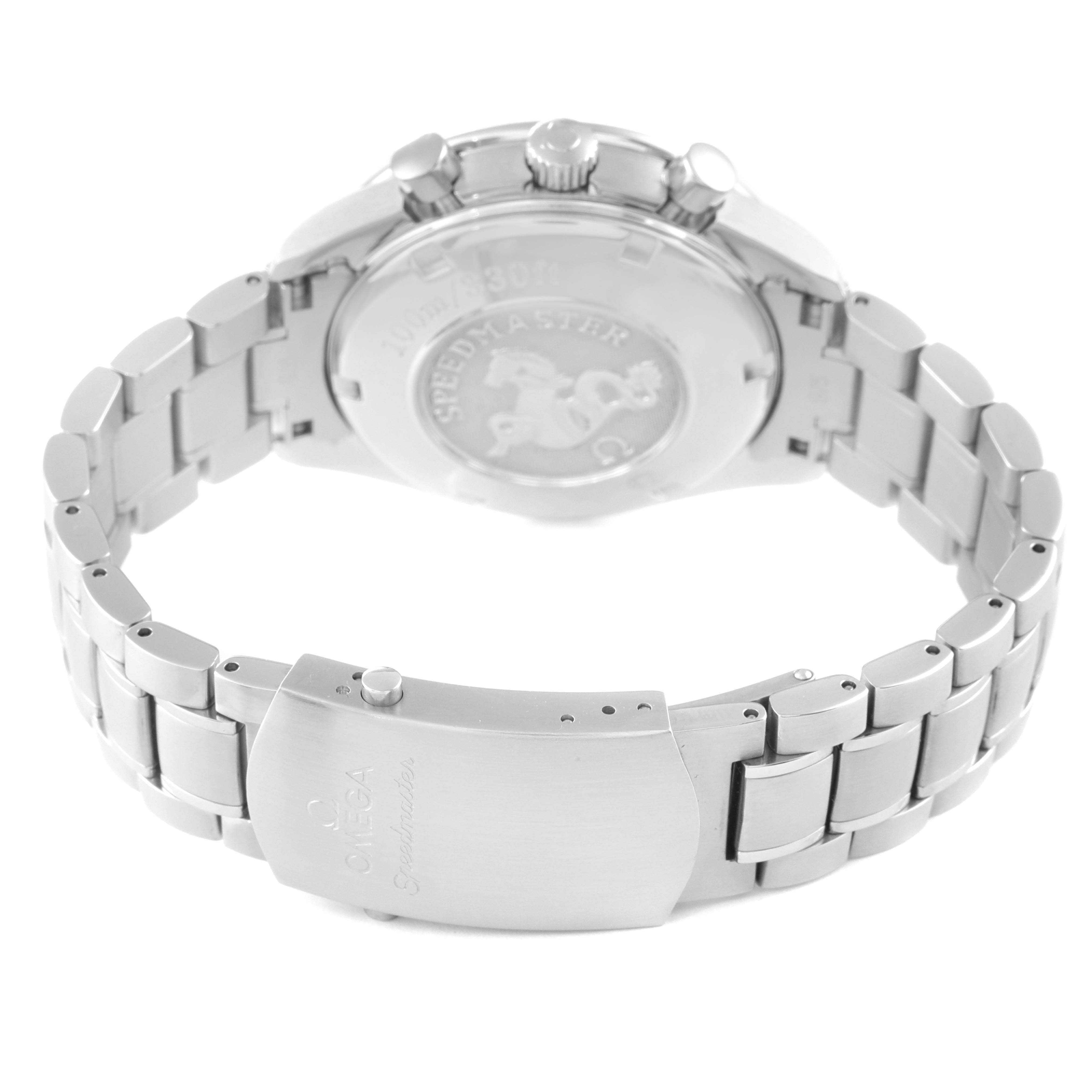 The image shows the back and clasp of an Omega Speedmaster 3222.80.00 Men
s Stainless Steel Blue Dial 3222.80.00 Men
s Stainless Steel Blue Dial watch, highlighting the bracelet and case back engravings.