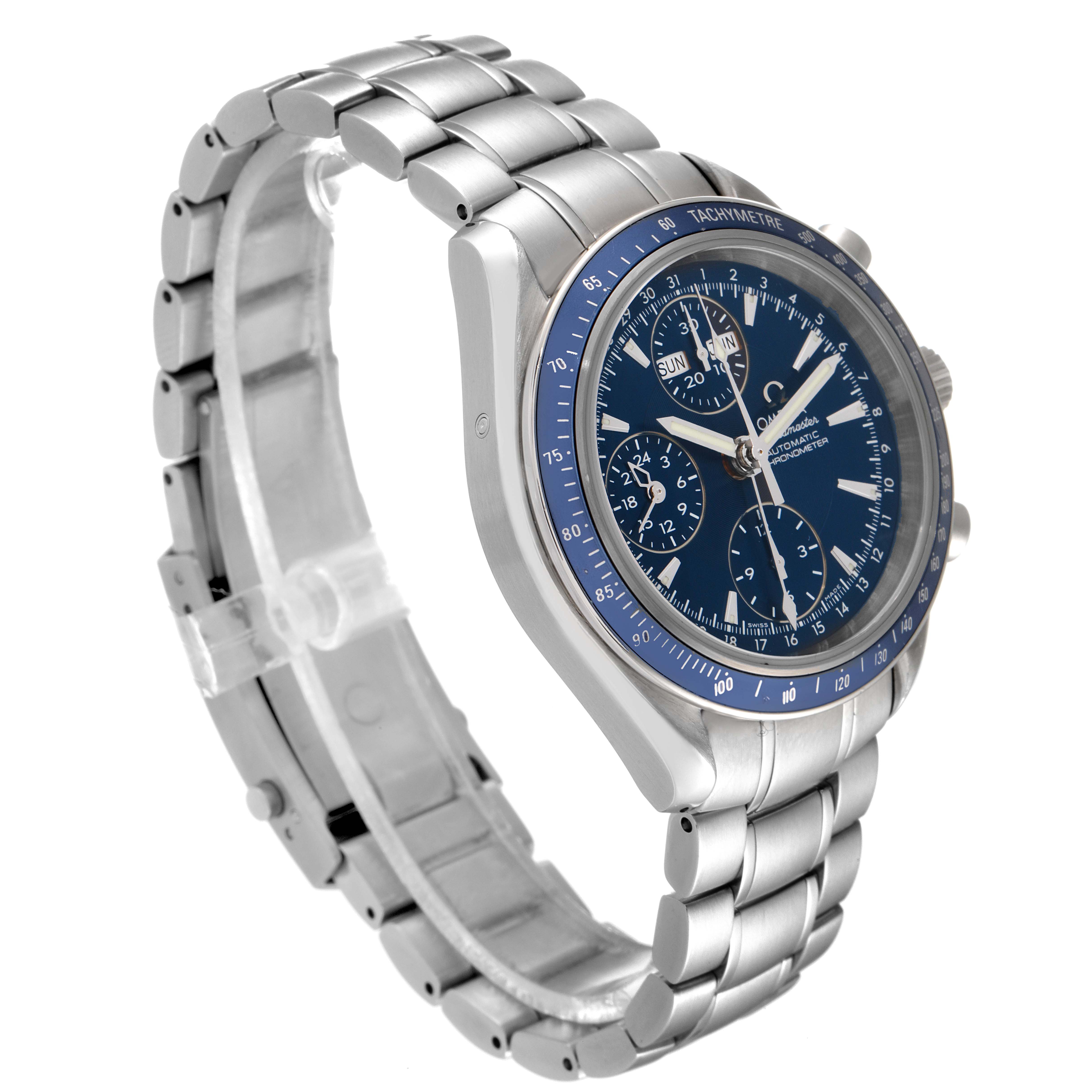 The Omega Speedmaster 3222.80.00 Men
s Stainless Steel Blue Dial 3222.80.00 Men
s Stainless Steel Blue Dial watch is shown at a slight angle, displaying its face, bezel, bracelet, and pushers.