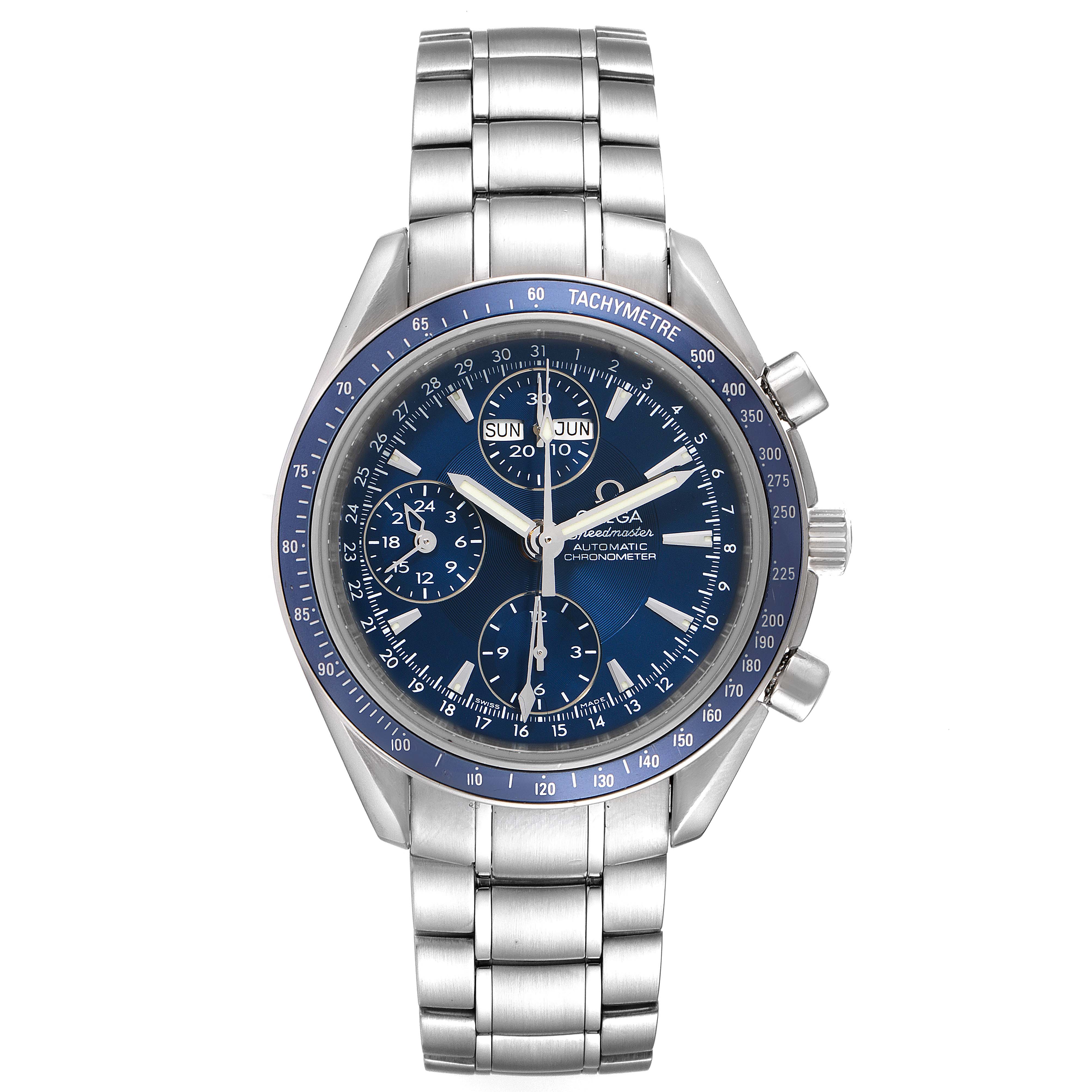 The Omega Speedmaster 3222.80.00 Men
s Stainless Steel Blue Dial 3222.80.00 Men
s Stainless Steel Blue Dial watch is shown from a front angle, displaying its face, tachymeter bezel, and stainless steel bracelet.