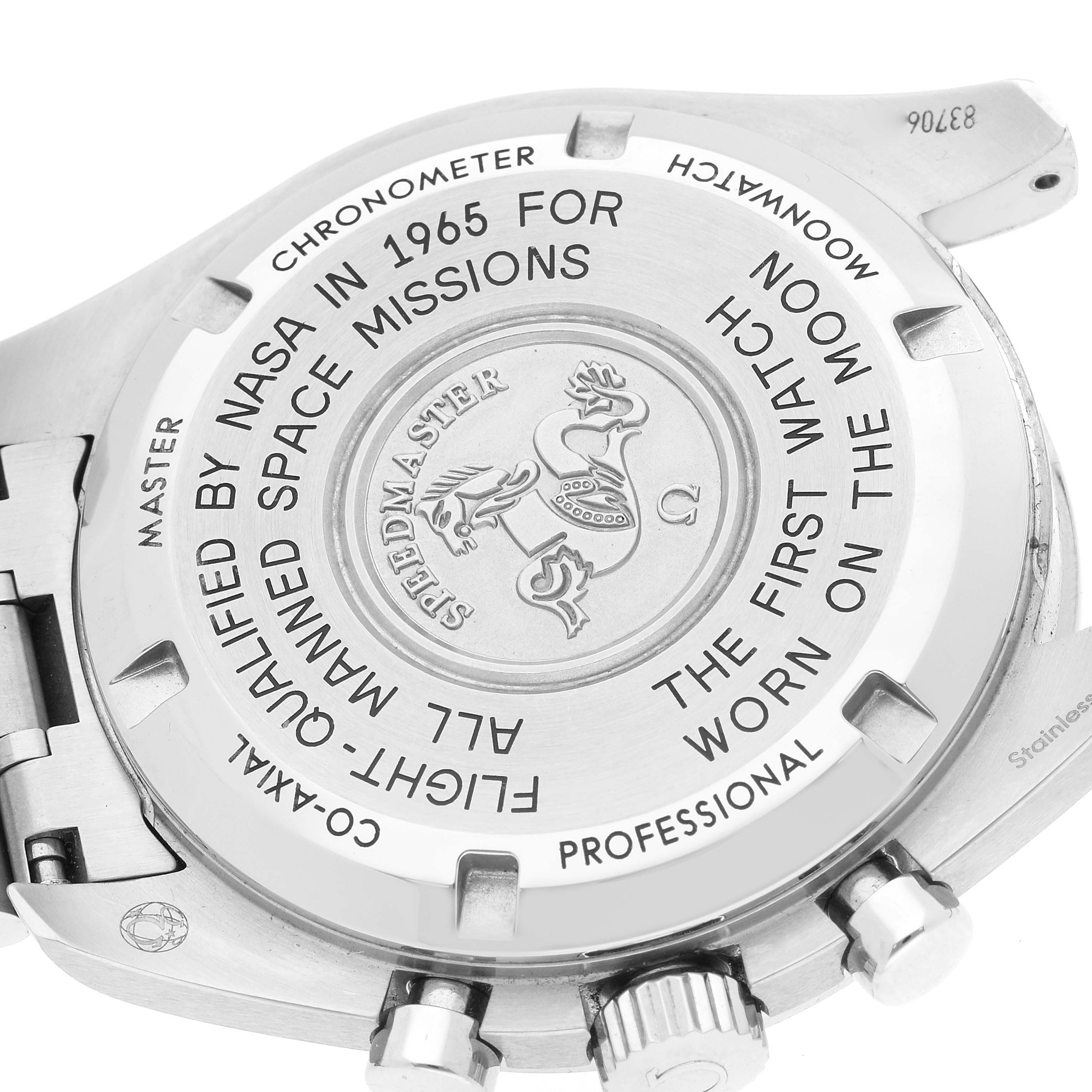 This image shows the back case of the Omega Speedmaster 310.30.42.50.01.001 Men
s Stainless Steel Black Dial 310.30.42.50.01.001 Men
s Stainless Steel Black Dial, highlighting the engravings and the crown.