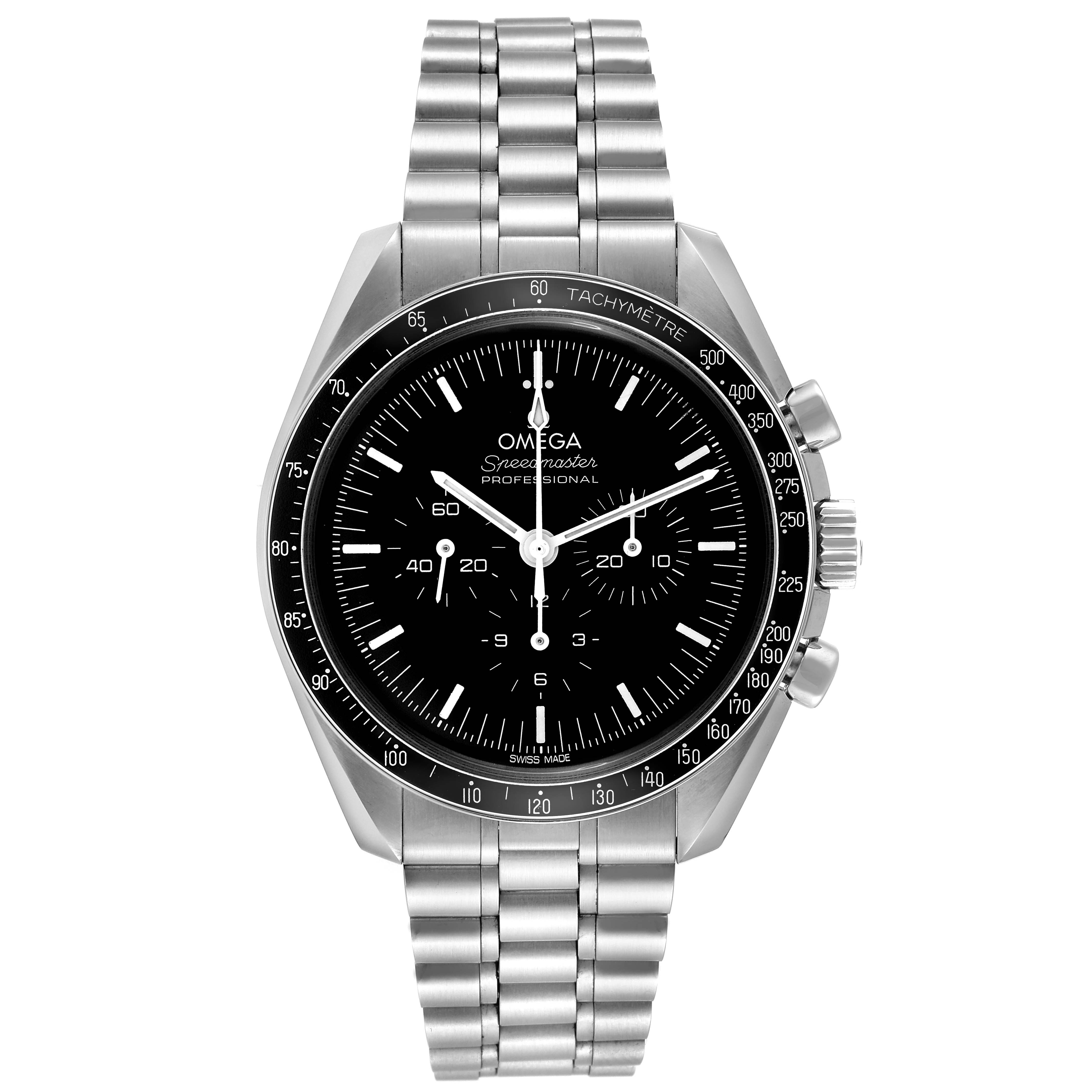 The Omega Speedmaster 310.30.42.50.01.001 Men
s Stainless Steel Black Dial 310.30.42.50.01.001 Men
s Stainless Steel Black Dial watch is shown from a front angle, detailing the face, bezel, and stainless steel bracelet.