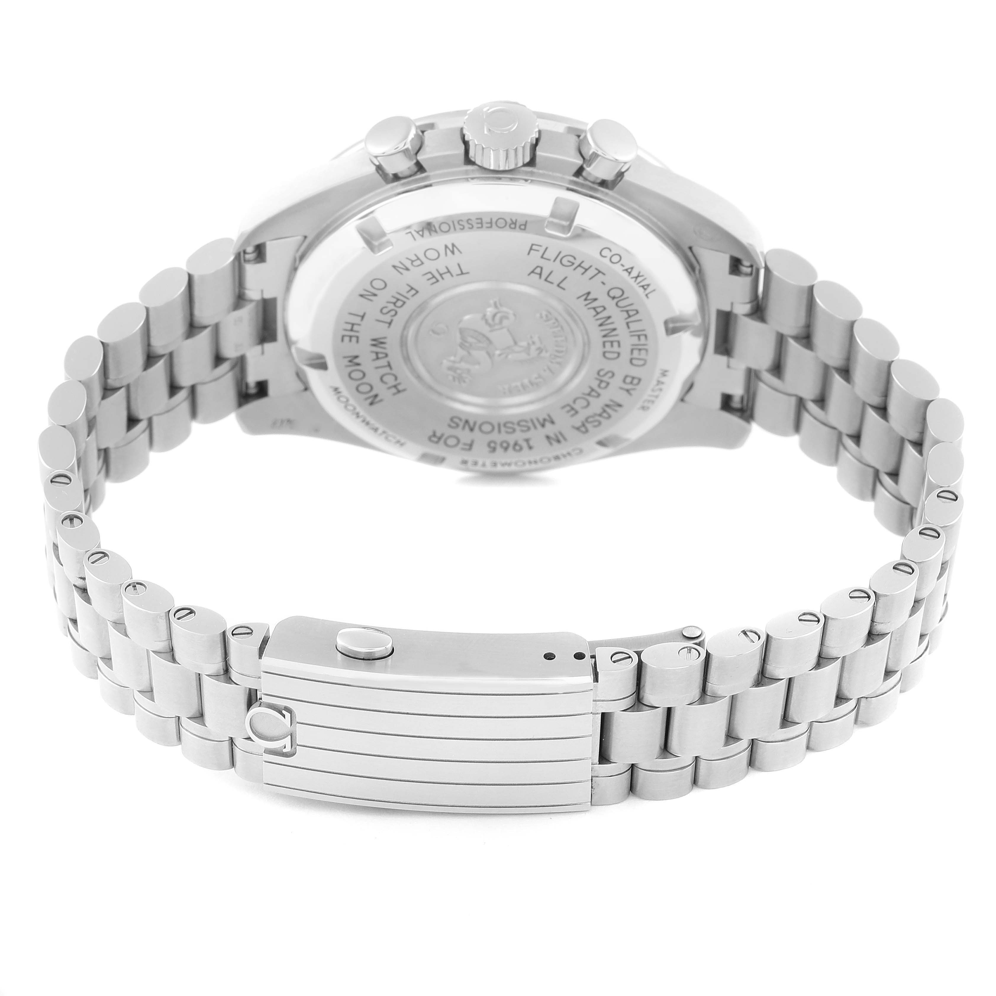 This image shows the back case, bracelet, and clasp of an Omega Speedmaster 310.30.42.50.01.001 Men
s Stainless Steel Black Dial 310.30.42.50.01.001 Men
s Stainless Steel Black Dial watch.