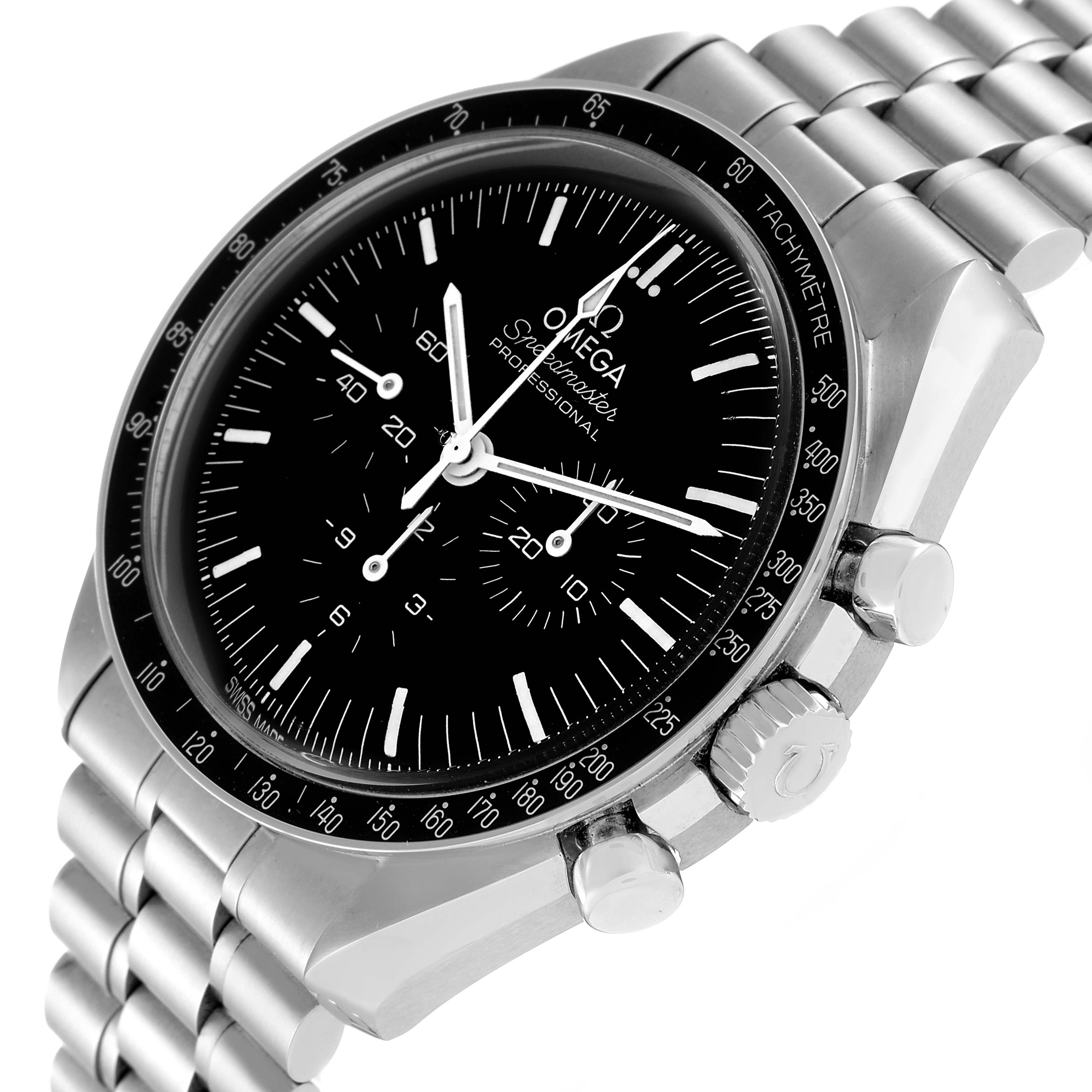 The image shows a side-angle view of an Omega Speedmaster 310.30.42.50.01.001 Men
s Stainless Steel Black Dial 310.30.42.50.01.001 Men
s Stainless Steel Black Dial watch, highlighting the dial, bezel, three subdials, and bracelet.