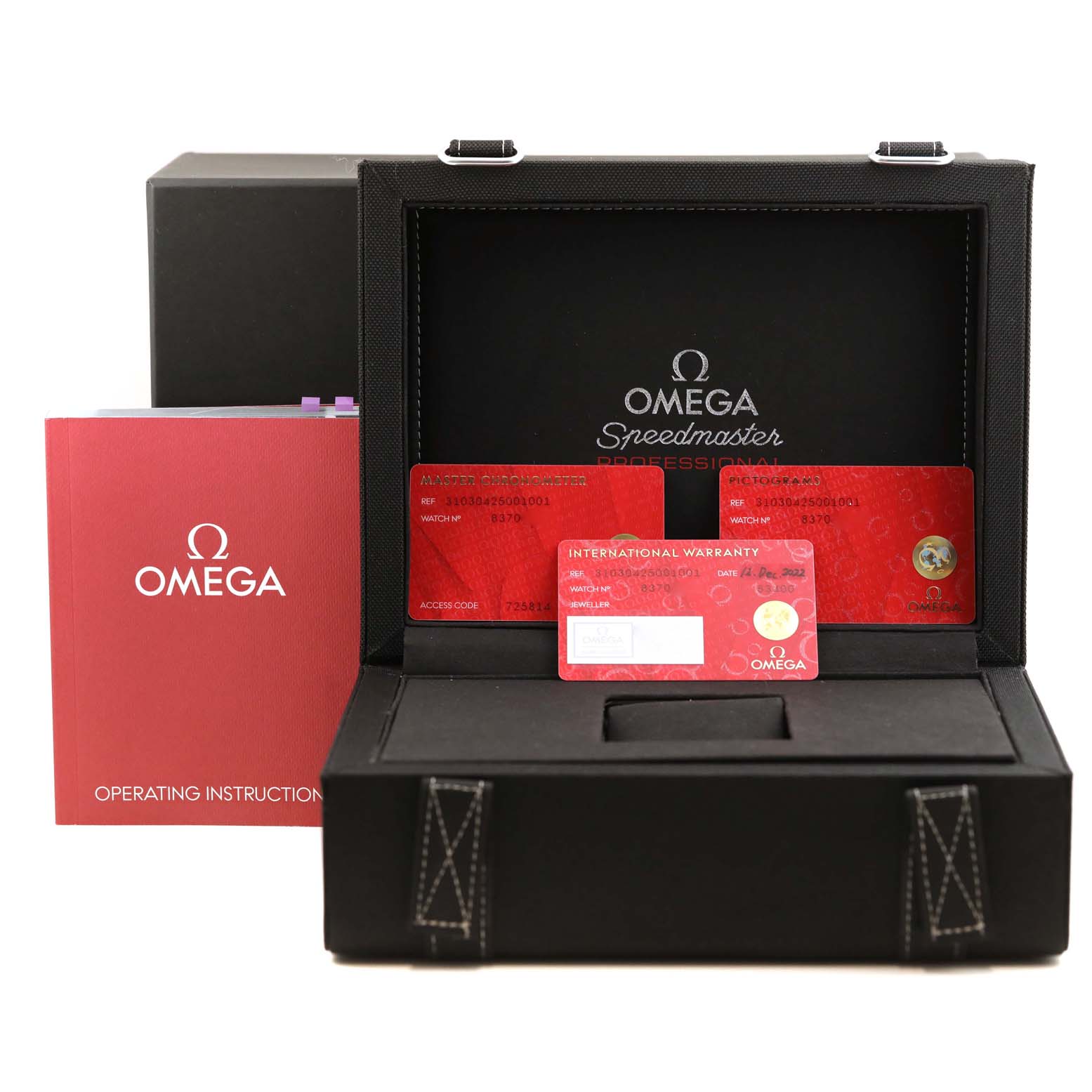 The image shows the storage case, warranty cards, and operating instructions for the Omega Speedmaster 310.30.42.50.01.001 Men
s Stainless Steel Black Dial 310.30.42.50.01.001 Men
s Stainless Steel Black Dial watch.