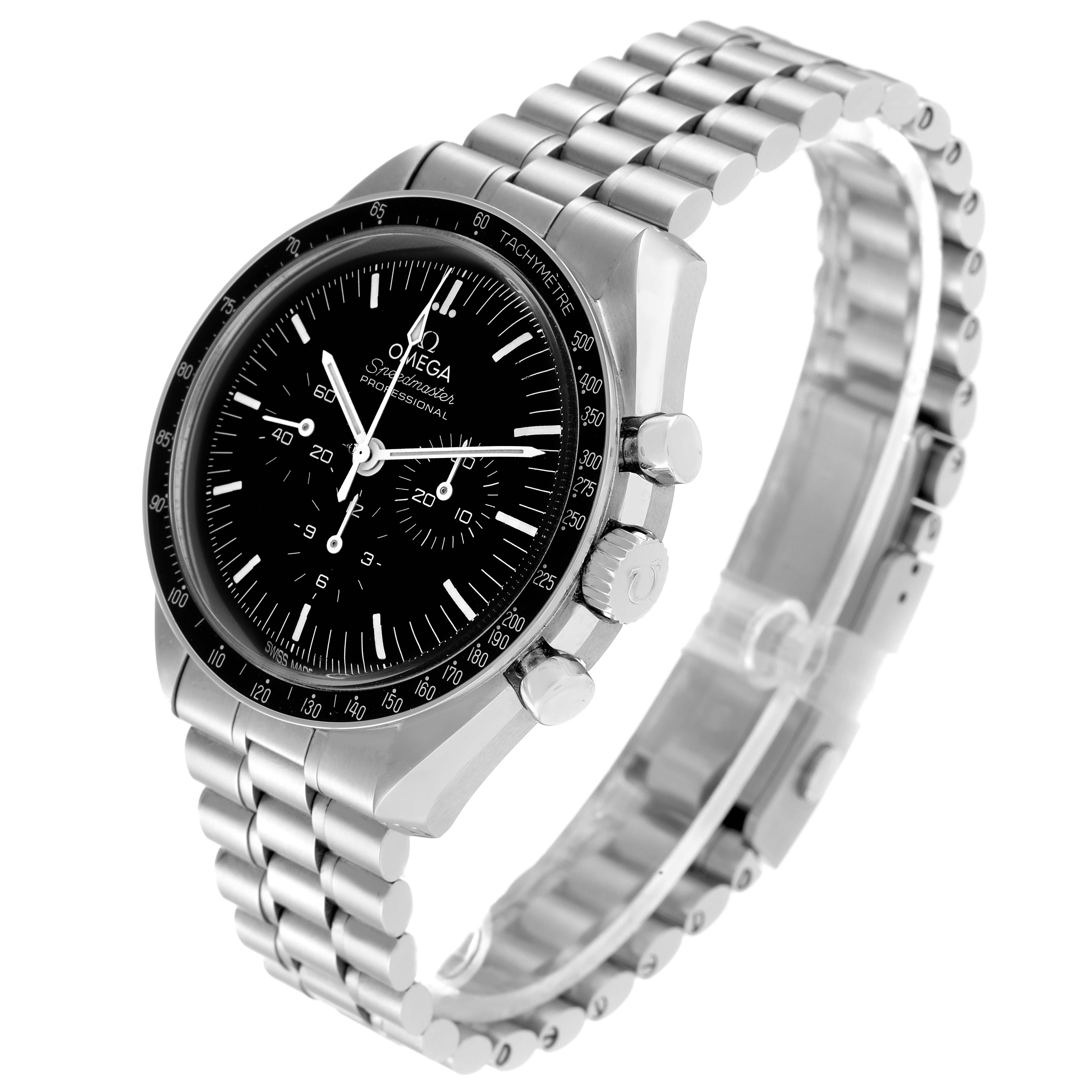 The image shows an angled view of the Omega Speedmaster 310.30.42.50.01.001 Men
s Stainless Steel Black Dial 310.30.42.50.01.001 Men
s Stainless Steel Black Dial watch, highlighting its face, bezel, lugs, pushers, crown, and bracelet.