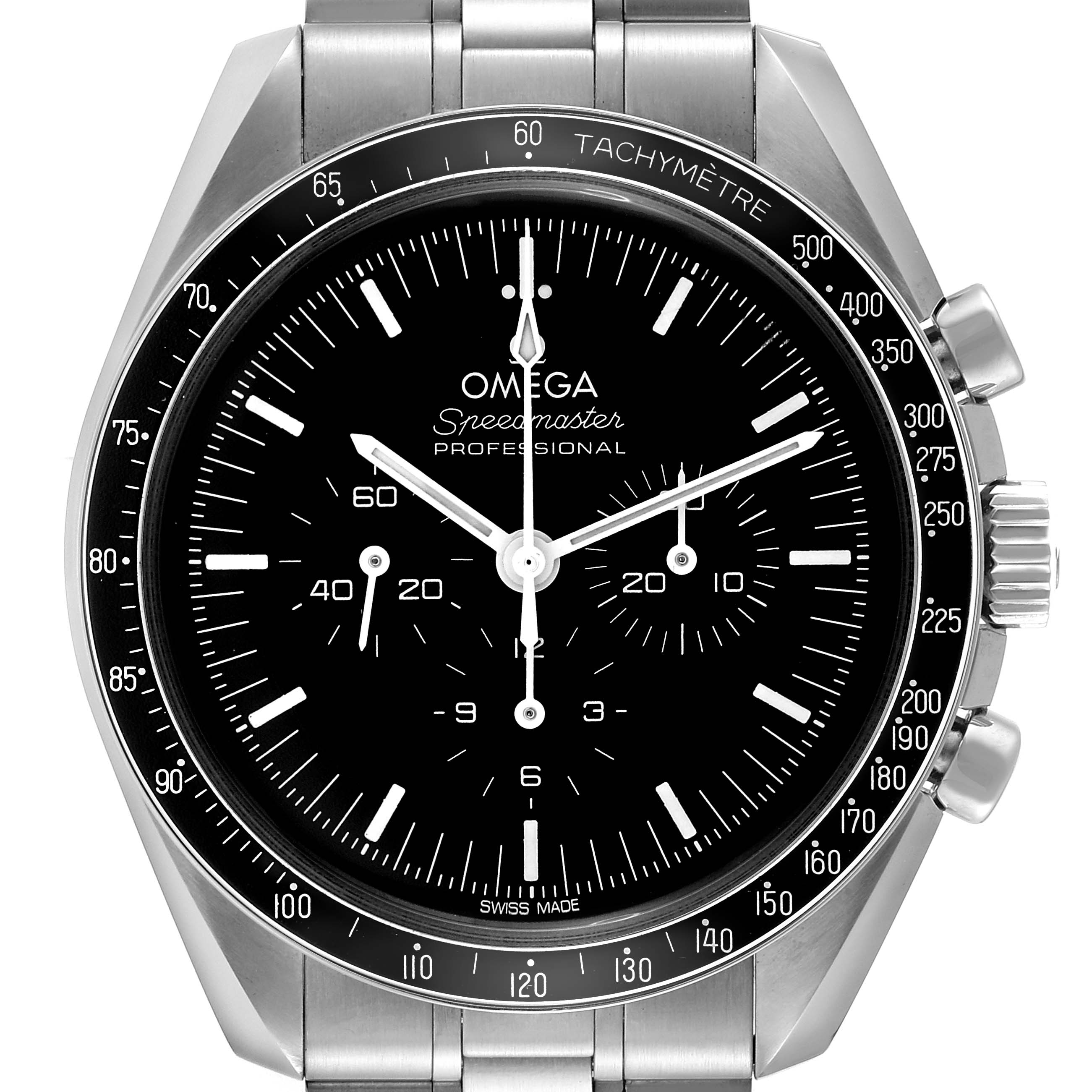 This image shows a front view of an Omega Speedmaster 310.30.42.50.01.001 Men
s Stainless Steel Black Dial 310.30.42.50.01.001 Men
s Stainless Steel Black Dial watch, highlighting its dial, hands, subdials, and tachymeter bezel.
