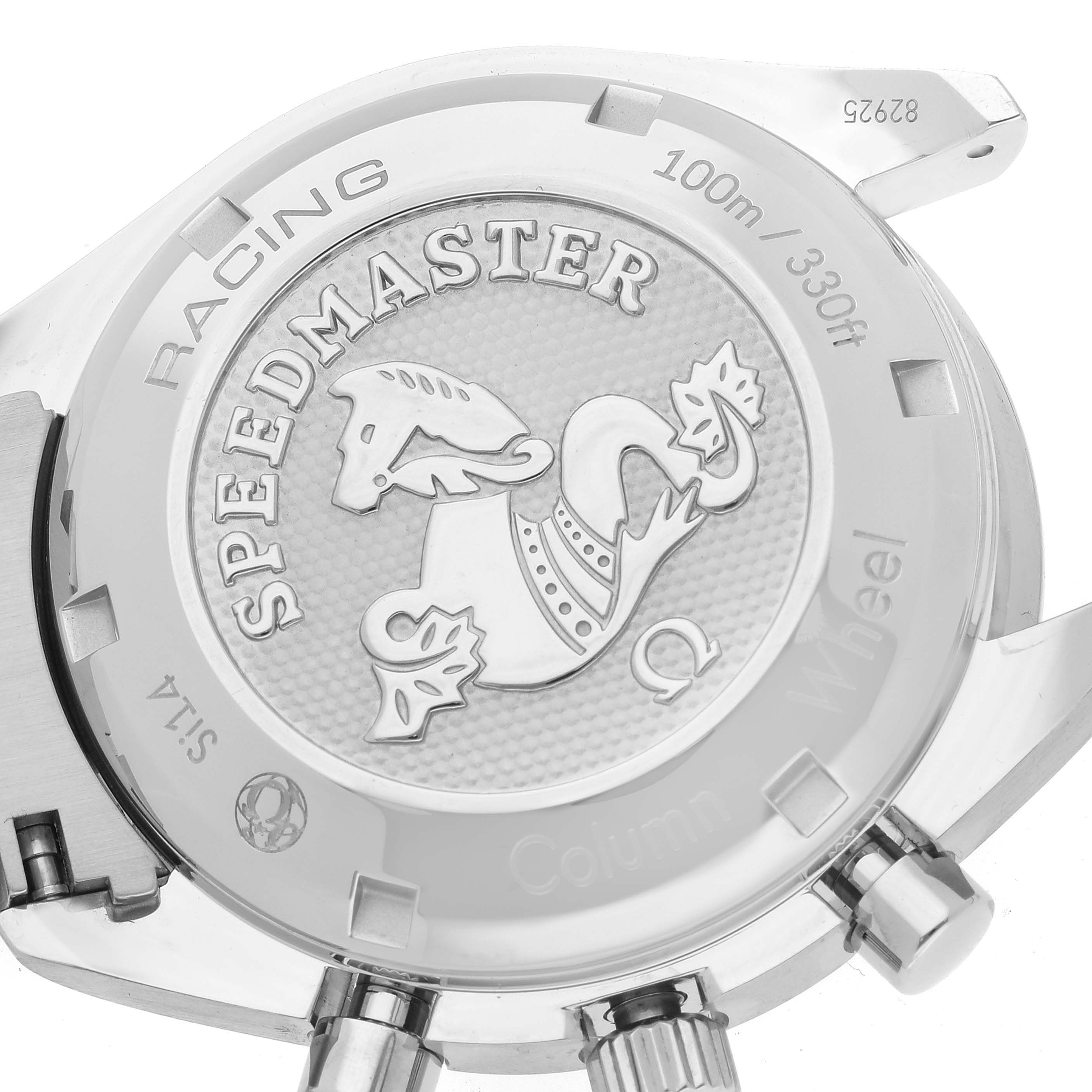 The image shows the case back of an Omega Speedmaster 326.30.40.50.03.001 Men
s Stainless Steel Blue Dial 326.30.40.50.03.001 Men
s Stainless Steel Blue Dial watch, highlighting the "Racing" and water resistance engraving.