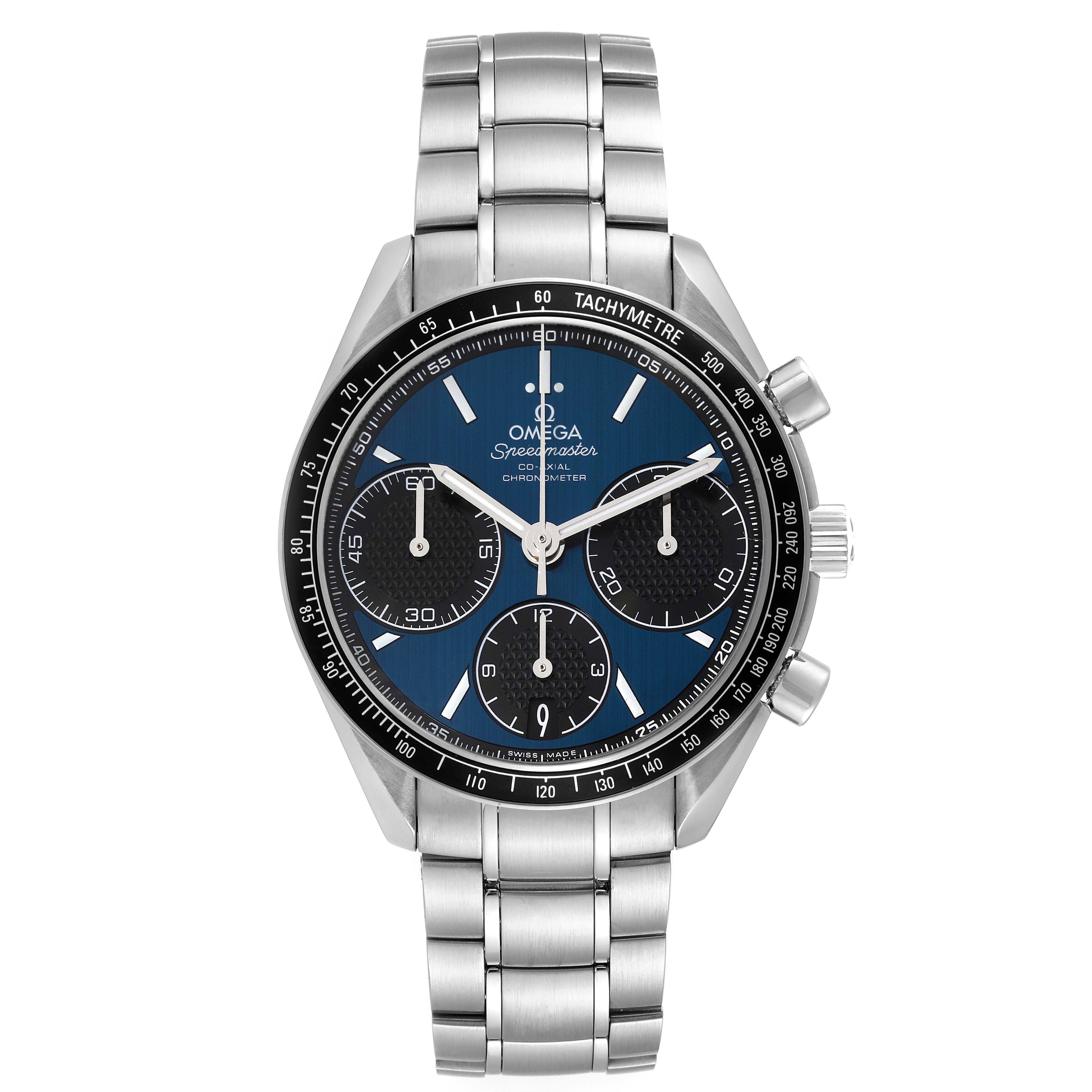The image shows the front view of an Omega Speedmaster 326.30.40.50.03.001 Men
s Stainless Steel Blue Dial 326.30.40.50.03.001 Men
s Stainless Steel Blue Dial watch, highlighting its dial, bracelet, and tachymeter bezel.