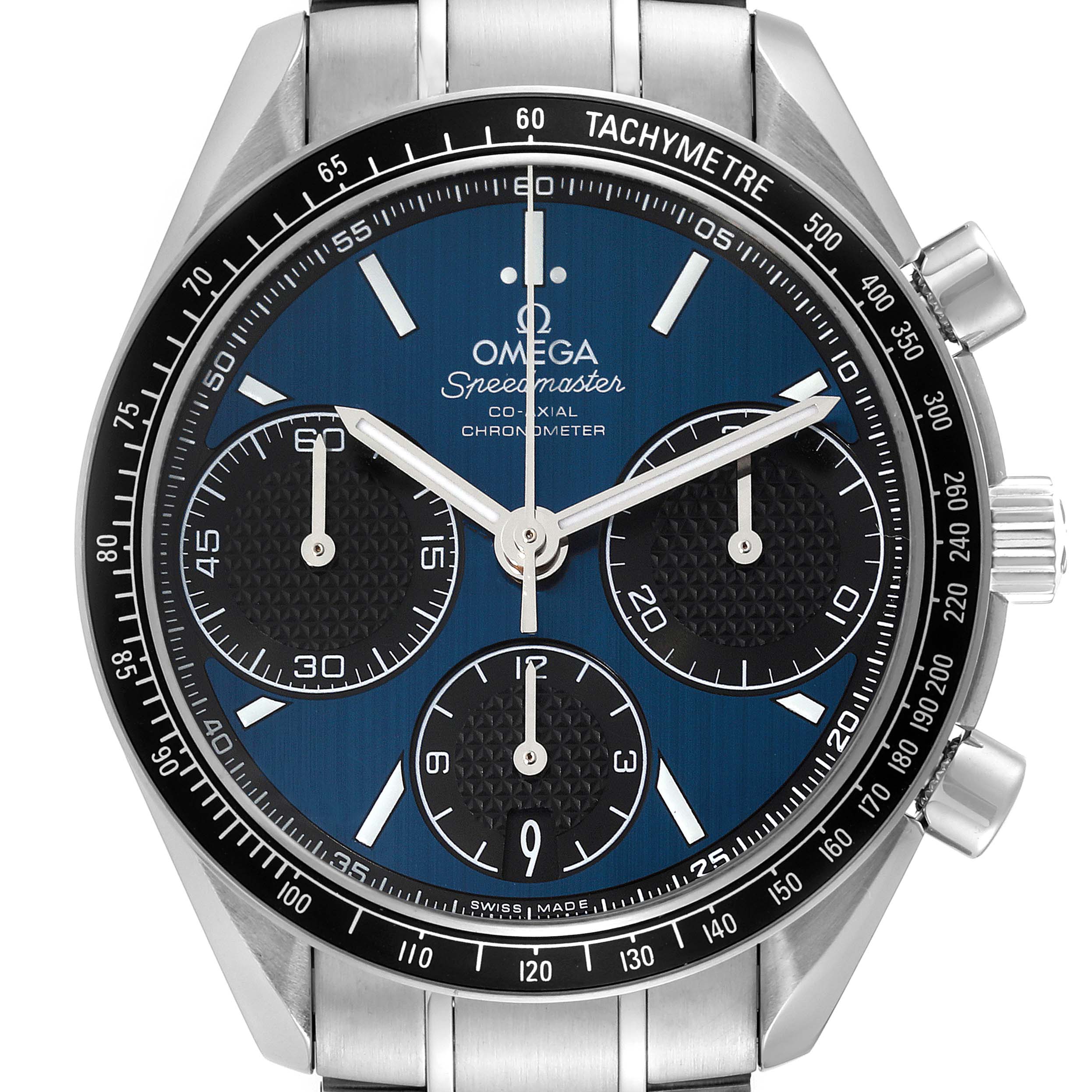 The image shows a front view of an Omega Speedmaster 326.30.40.50.03.001 Men
s Stainless Steel Blue Dial 326.30.40.50.03.001 Men
s Stainless Steel Blue Dial watch face, including its chronograph subdials and tachymeter bezel.