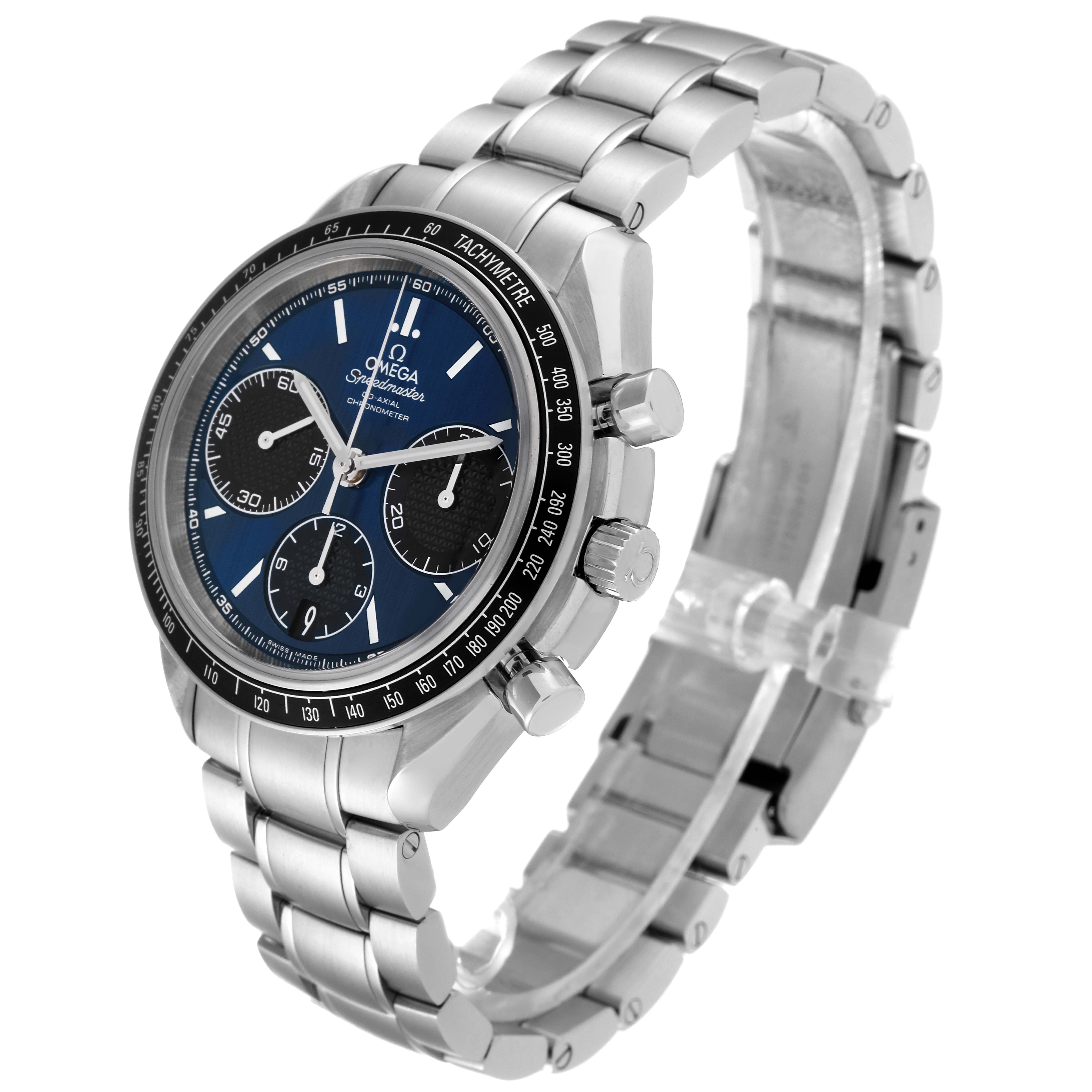 The Omega Speedmaster 326.30.40.50.03.001 Men
s Stainless Steel Blue Dial 326.30.40.50.03.001 Men
s Stainless Steel Blue Dial watch is shown from an angled side view, highlighting its face, bezel, and stainless steel bracelet.
