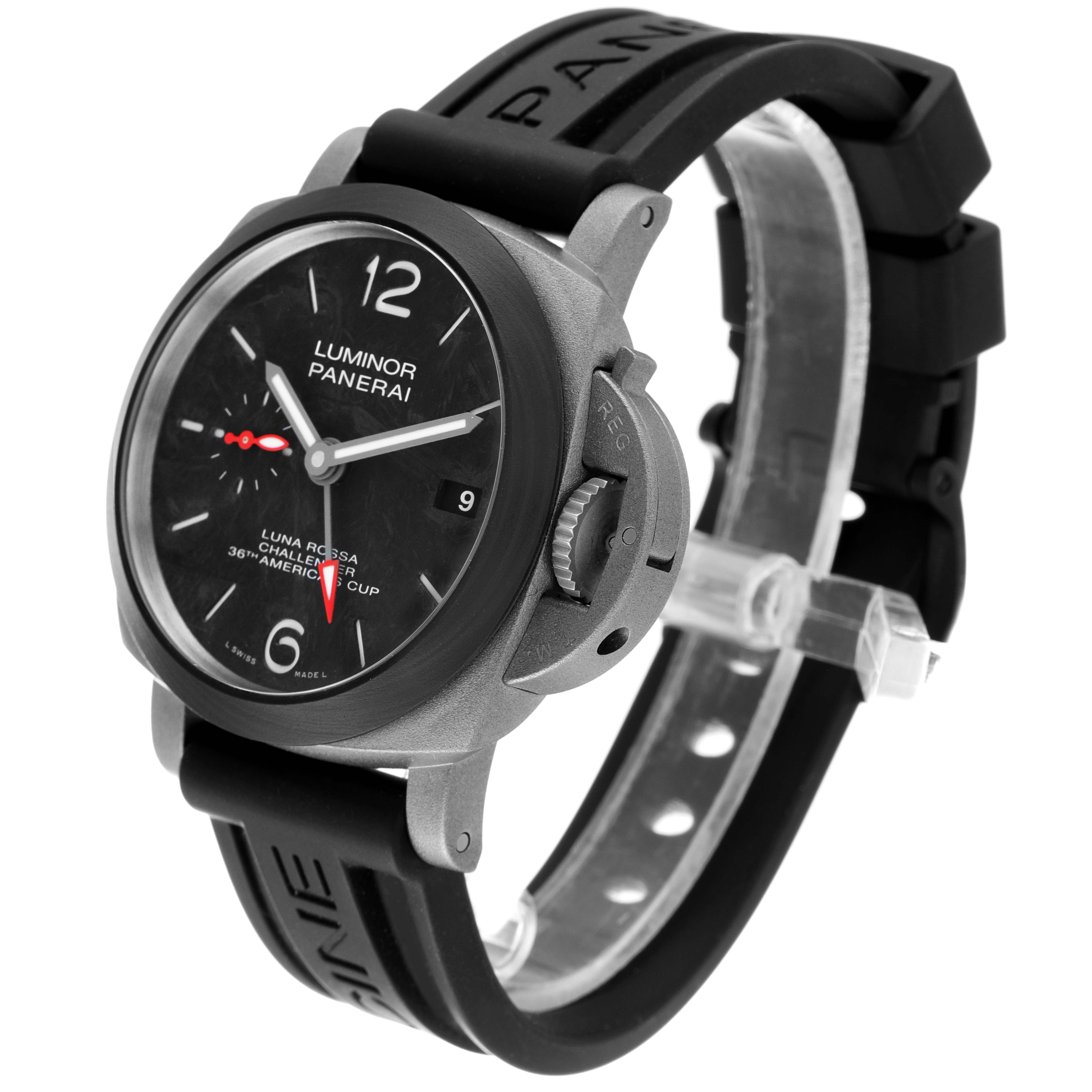 The Panerai Luminor PAM01096 Men's Titanium Black Dial PAM01096 Men's Titanium Black Dial watch is shown at an angled side view, highlighting the face, strap, and crown guard.